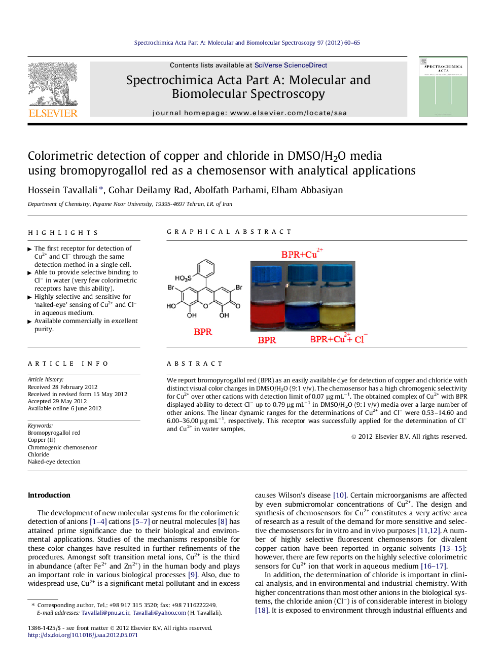 Colorimetric detection of copper and chloride in DMSO/H2O media using bromopyrogallol red as a chemosensor with analytical applications