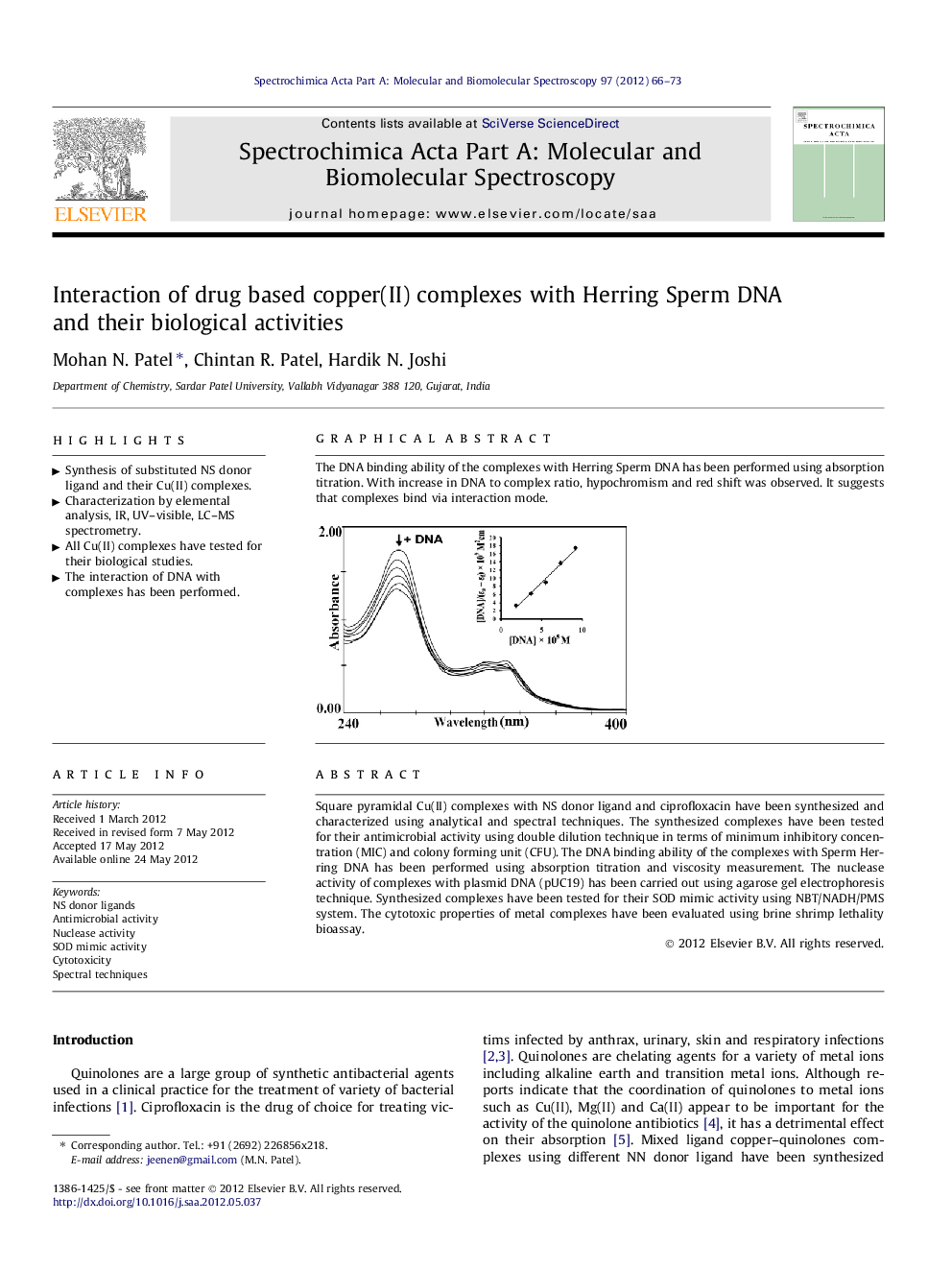 Interaction of drug based copper(II) complexes with Herring Sperm DNA and their biological activities