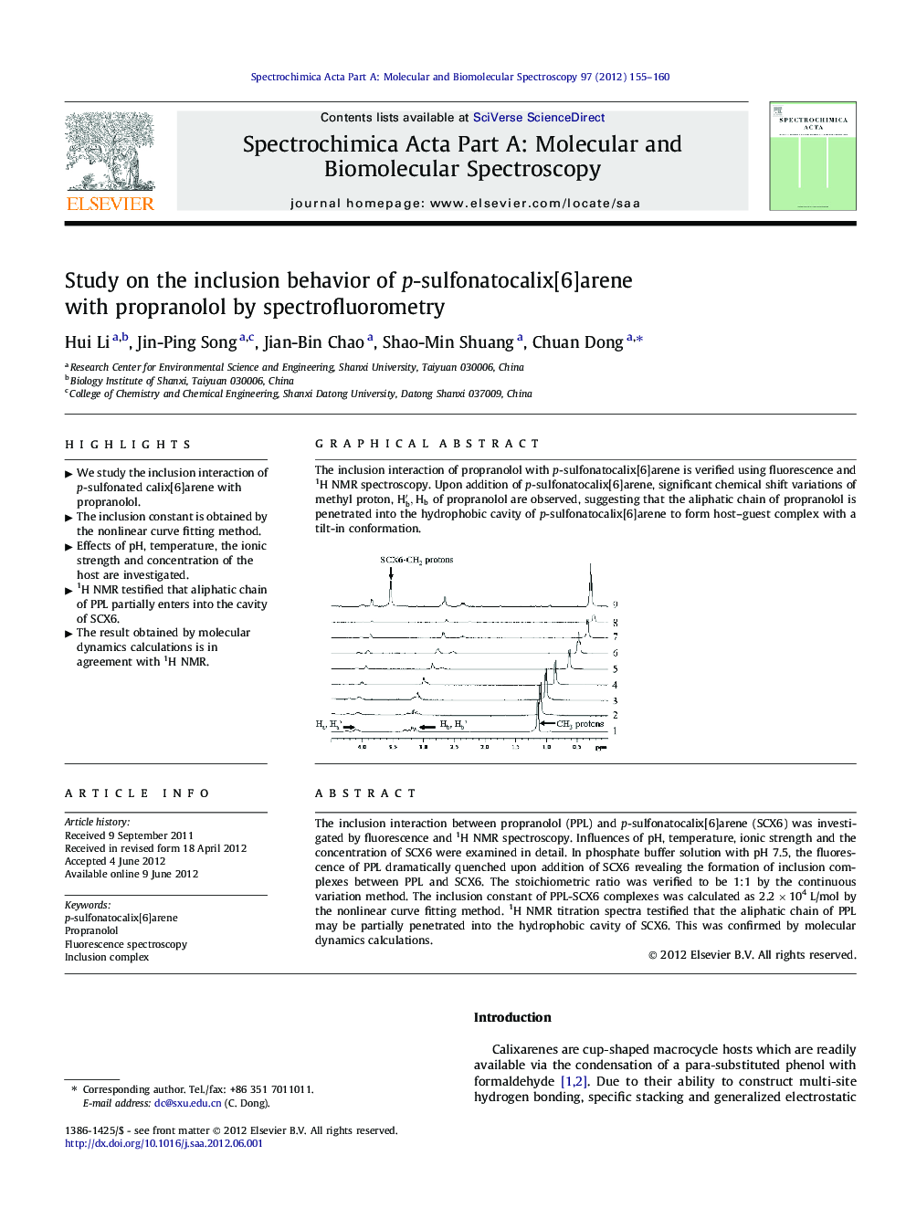 Study on the inclusion behavior of p-sulfonatocalix[6]arene with propranolol by spectrofluorometry