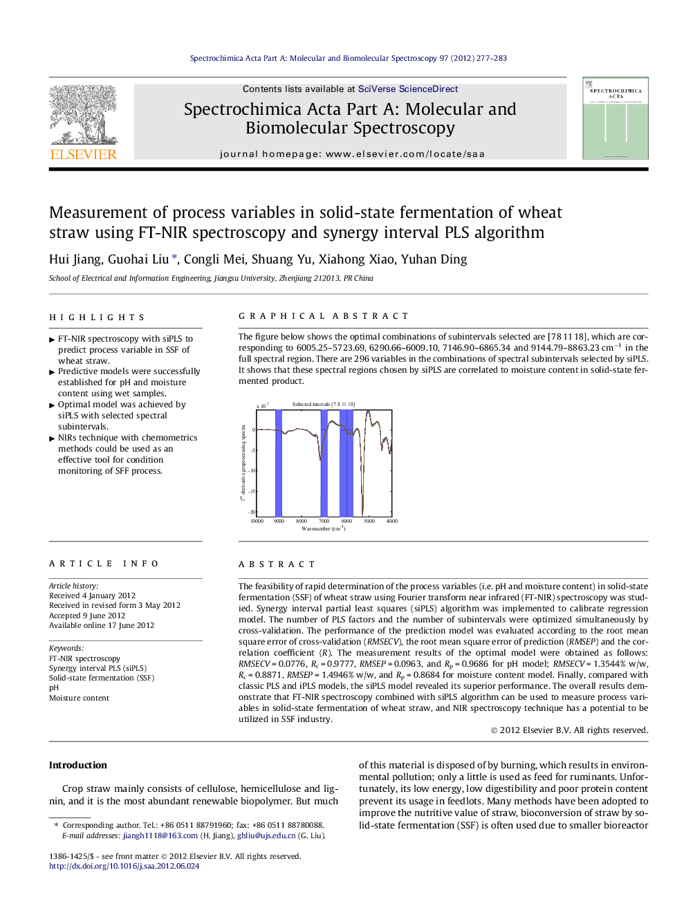 Measurement of process variables in solid-state fermentation of wheat straw using FT-NIR spectroscopy and synergy interval PLS algorithm