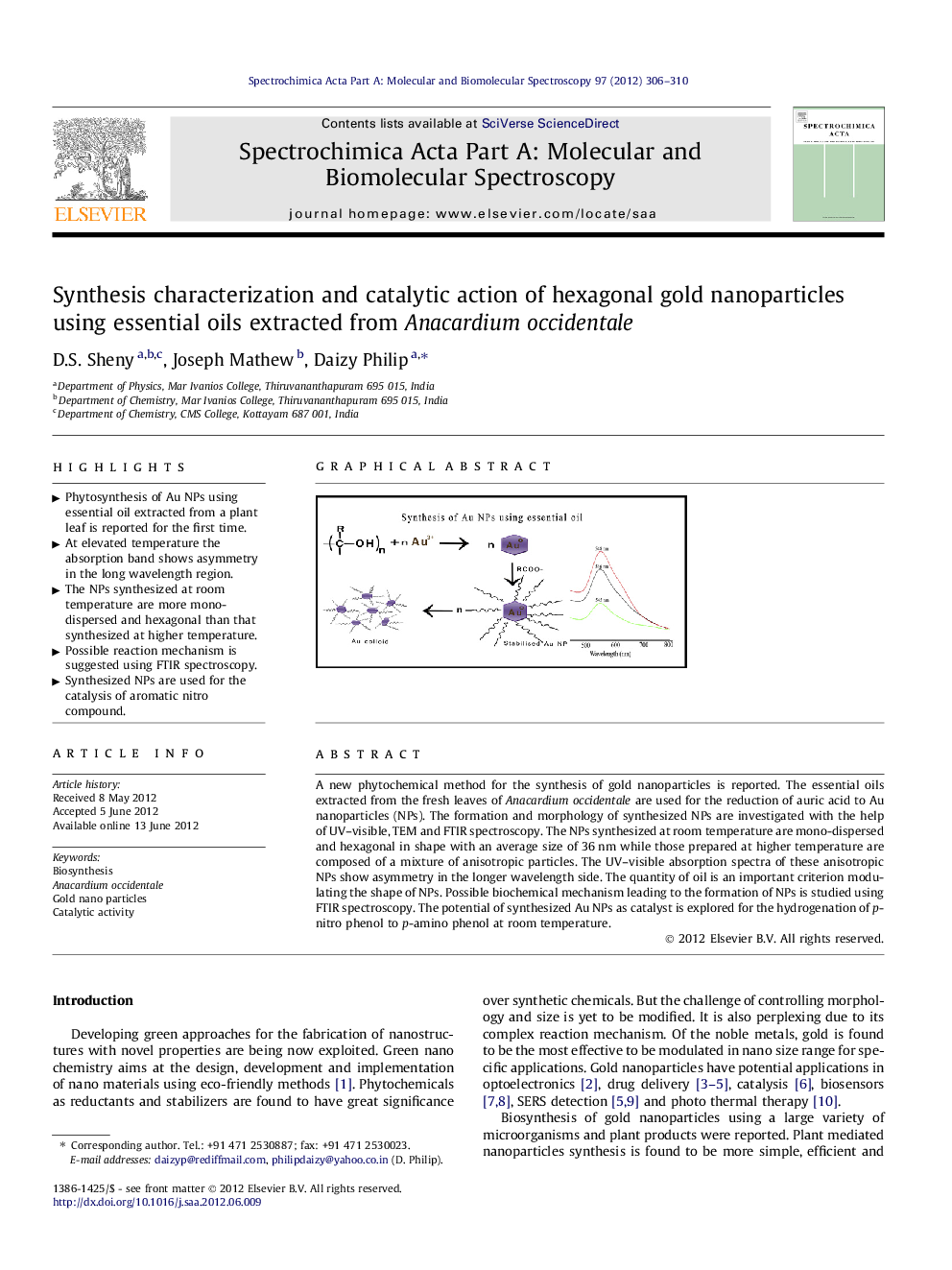 Synthesis characterization and catalytic action of hexagonal gold nanoparticles using essential oils extracted from Anacardium occidentale