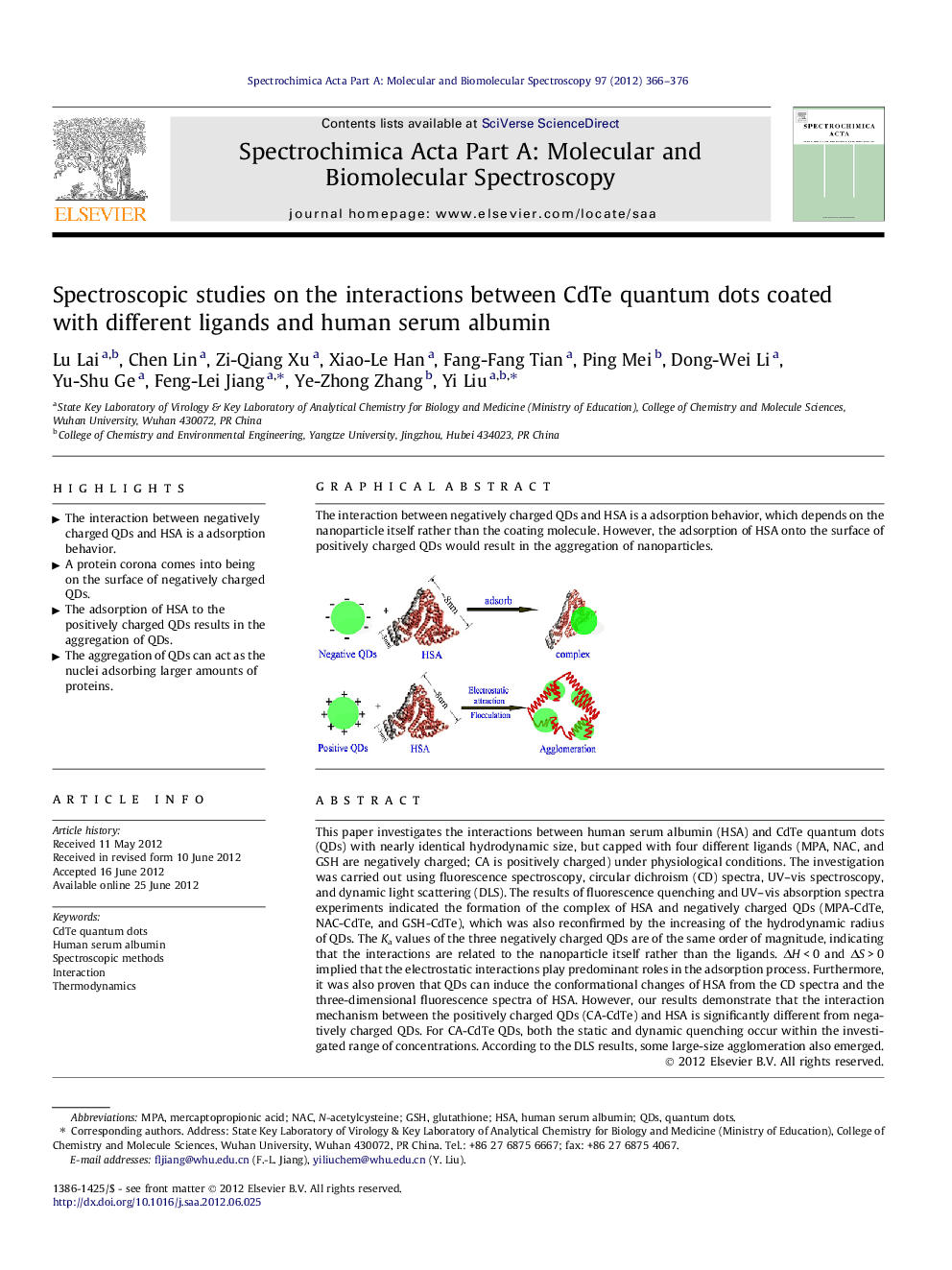 Spectroscopic studies on the interactions between CdTe quantum dots coated with different ligands and human serum albumin