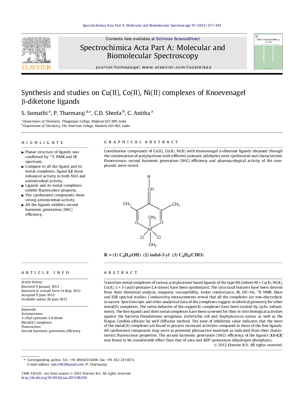 Synthesis and studies on Cu(II), Co(II), Ni(II) complexes of Knoevenagel β-diketone ligands