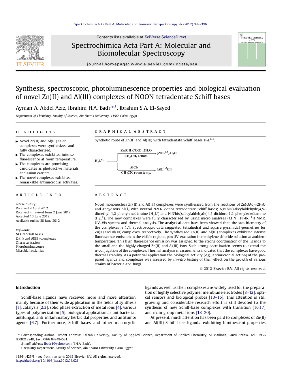 Synthesis, spectroscopic, photoluminescence properties and biological evaluation of novel Zn(II) and Al(III) complexes of NOON tetradentate Schiff bases