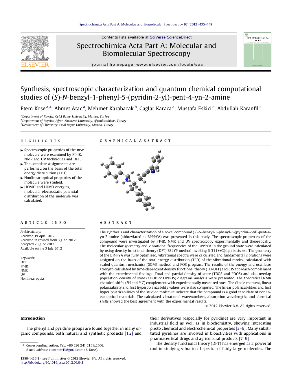 Synthesis, spectroscopic characterization and quantum chemical computational studies of (S)-N-benzyl-1-phenyl-5-(pyridin-2-yl)-pent-4-yn-2-amine