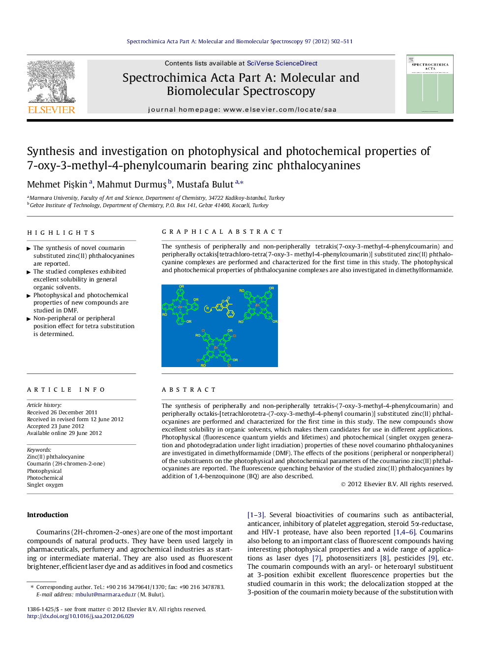 Synthesis and investigation on photophysical and photochemical properties of 7-oxy-3-methyl-4-phenylcoumarin bearing zinc phthalocyanines