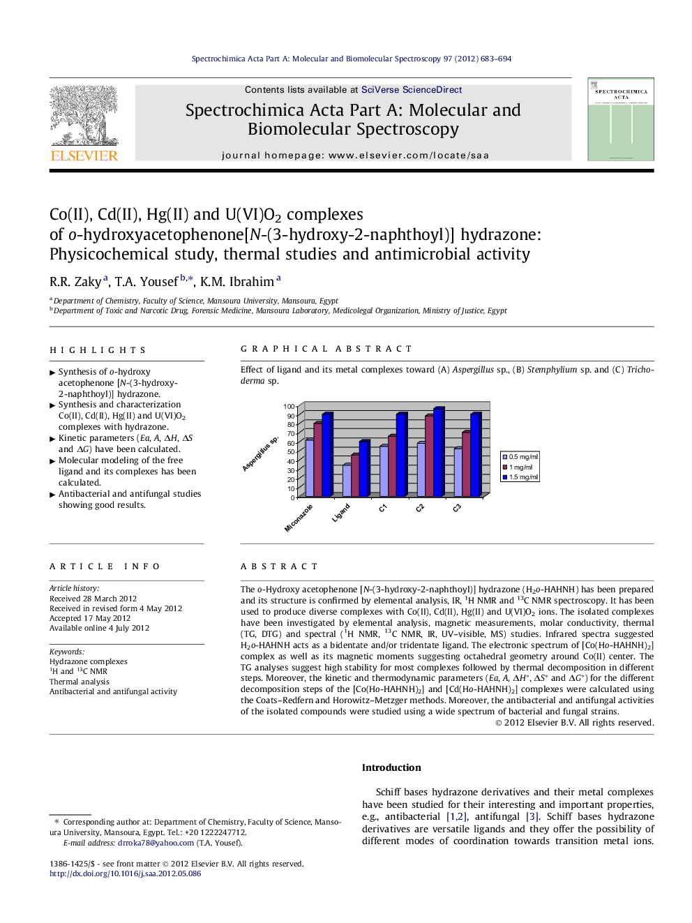 Co(II), Cd(II), Hg(II) and U(VI)O2 complexes of o-hydroxyacetophenone[N-(3-hydroxy-2-naphthoyl)] hydrazone: Physicochemical study, thermal studies and antimicrobial activity