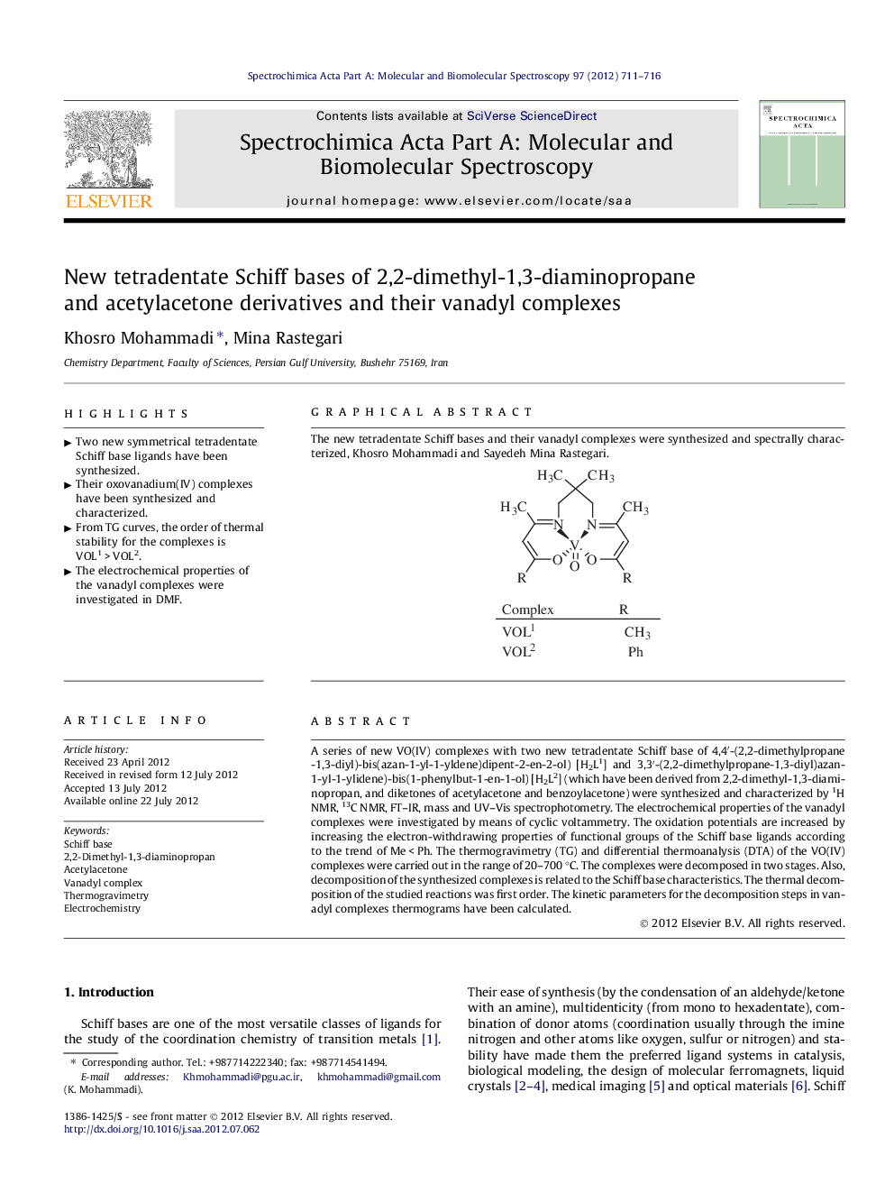 New tetradentate Schiff bases of 2,2-dimethyl-1,3-diaminopropane and acetylacetone derivatives and their vanadyl complexes