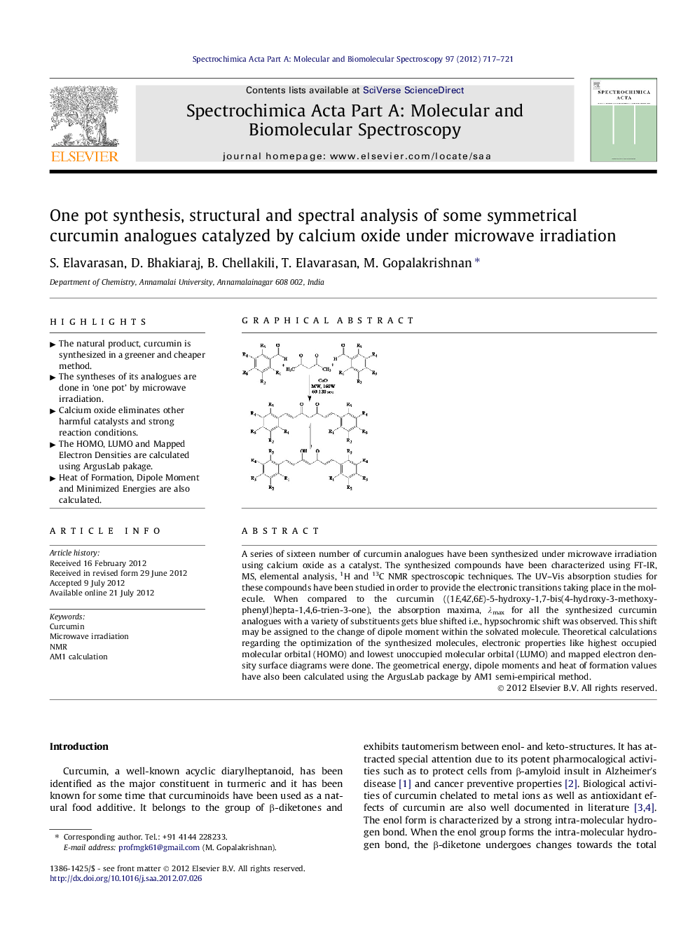 One pot synthesis, structural and spectral analysis of some symmetrical curcumin analogues catalyzed by calcium oxide under microwave irradiation