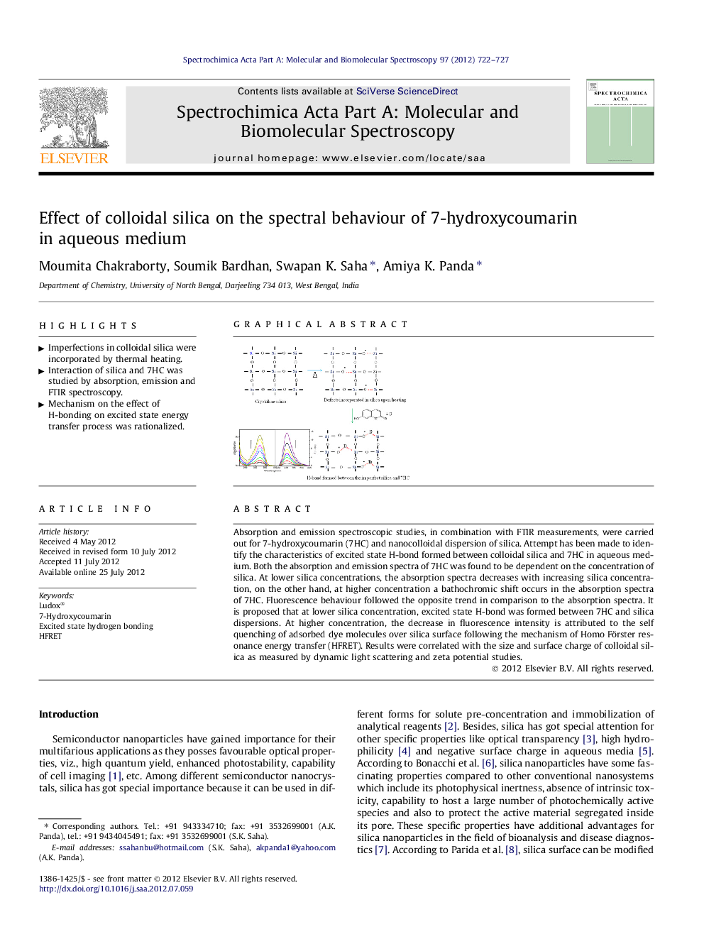 Effect of colloidal silica on the spectral behaviour of 7-hydroxycoumarin in aqueous medium