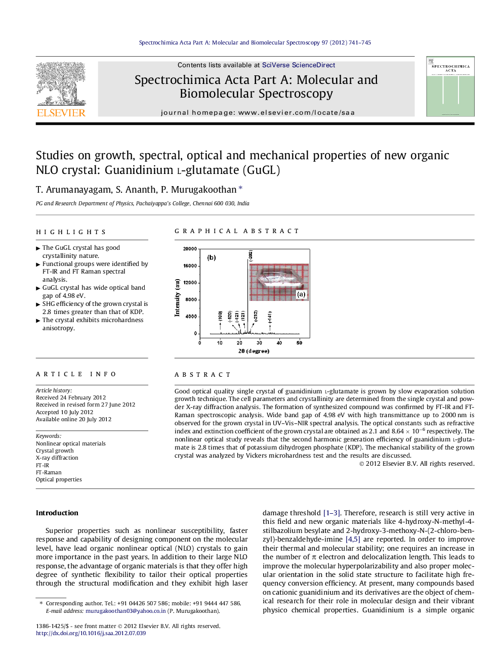 Studies on growth, spectral, optical and mechanical properties of new organic NLO crystal: Guanidinium l-glutamate (GuGL)