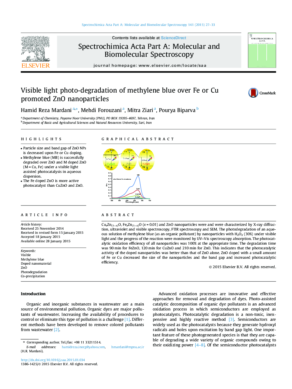 Visible light photo-degradation of methylene blue over Fe or Cu promoted ZnO nanoparticles