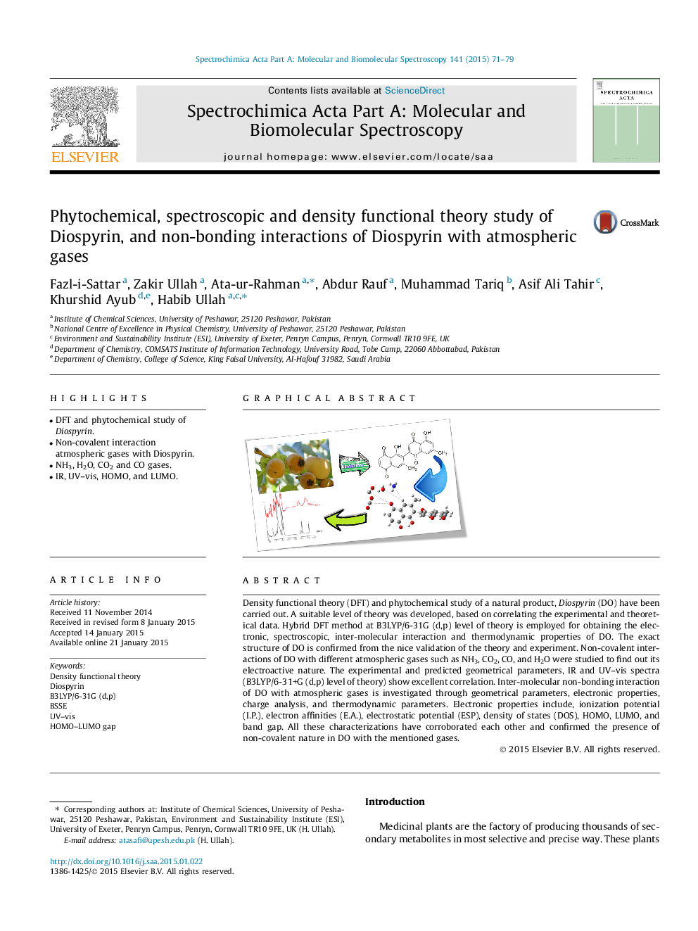 Phytochemical, spectroscopic and density functional theory study of Diospyrin, and non-bonding interactions of Diospyrin with atmospheric gases