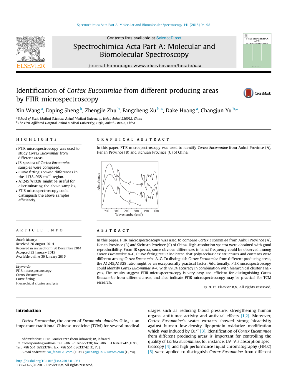 Identification of Cortex Eucommiae from different producing areas by FTIR microspectroscopy