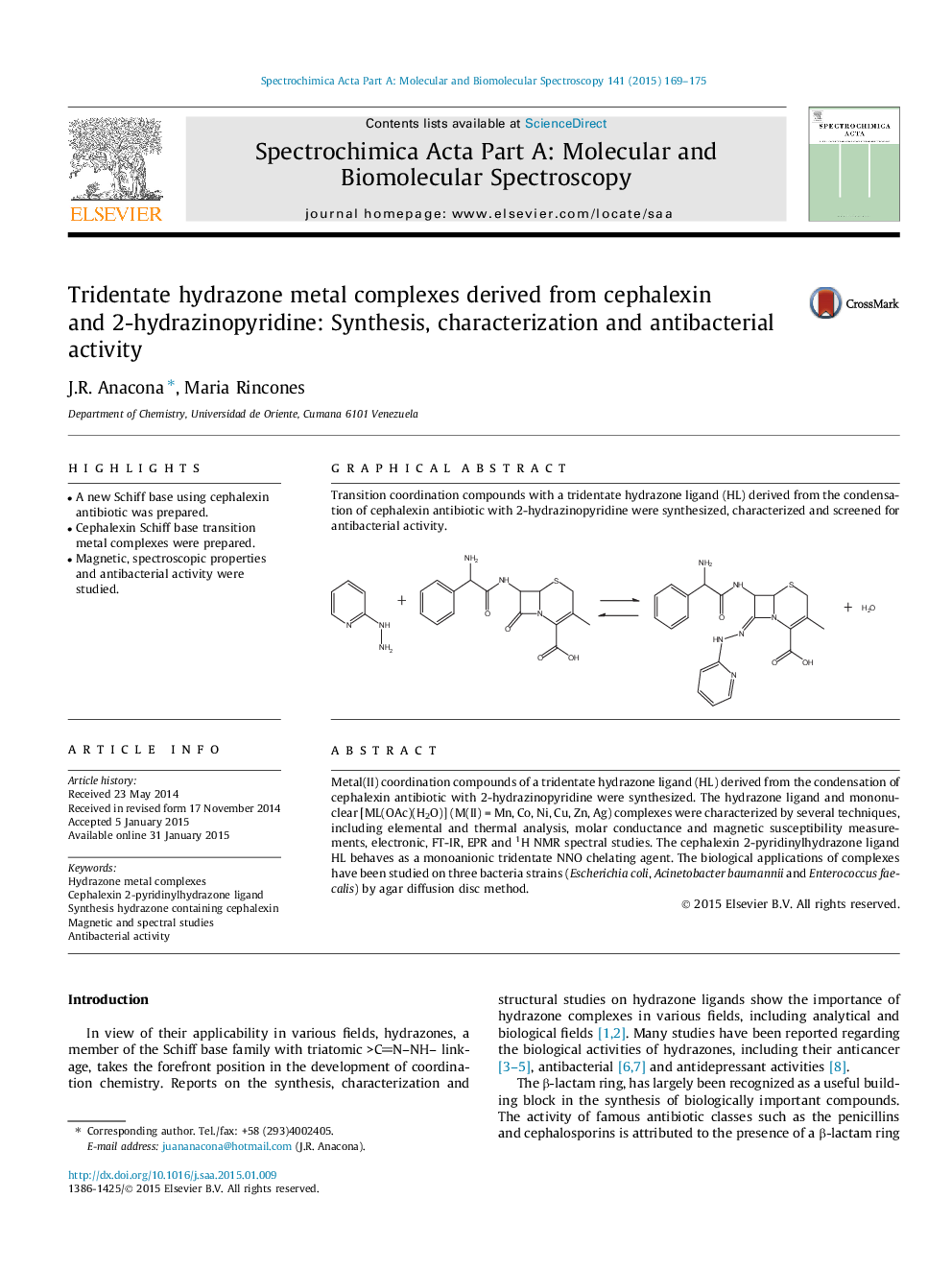 Tridentate hydrazone metal complexes derived from cephalexin and 2-hydrazinopyridine: Synthesis, characterization and antibacterial activity