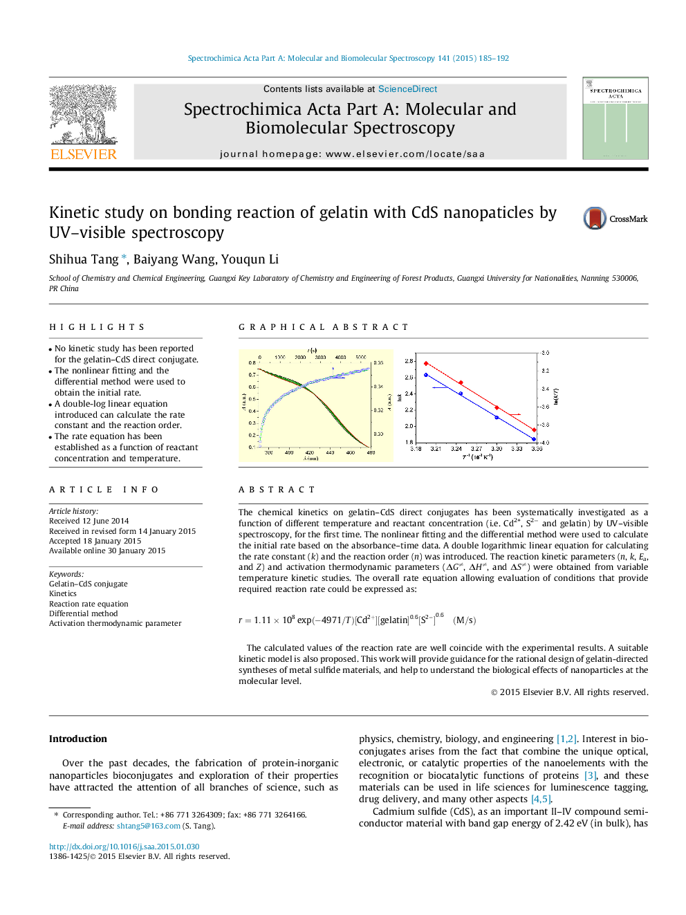 Kinetic study on bonding reaction of gelatin with CdS nanopaticles by UV–visible spectroscopy