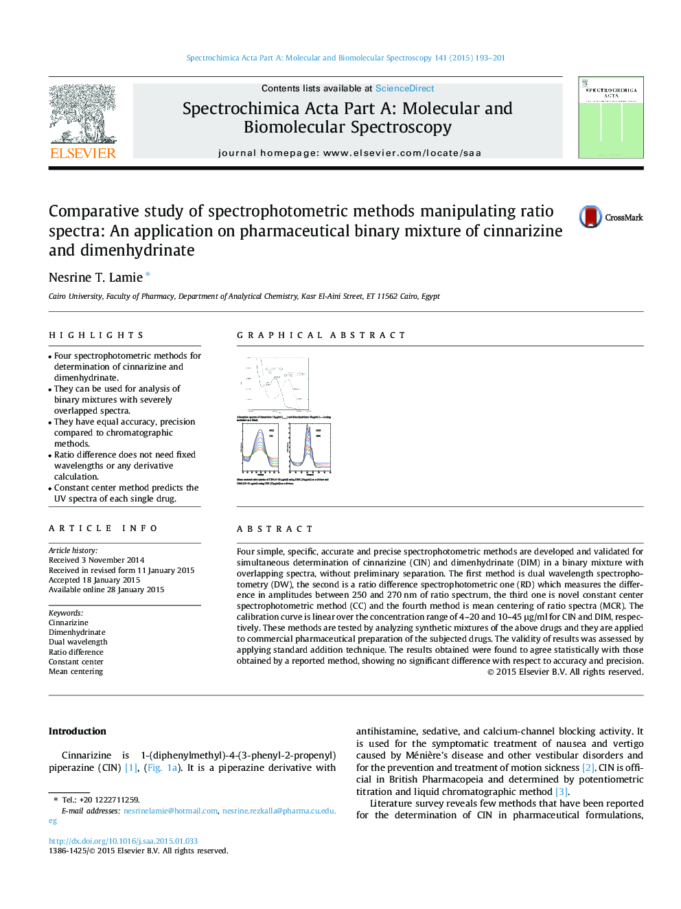 Comparative study of spectrophotometric methods manipulating ratio spectra: An application on pharmaceutical binary mixture of cinnarizine and dimenhydrinate