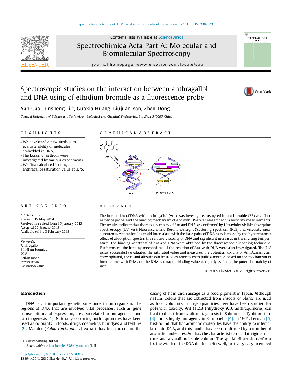 Spectroscopic studies on the interaction between anthragallol and DNA using of ethidium bromide as a fluorescence probe