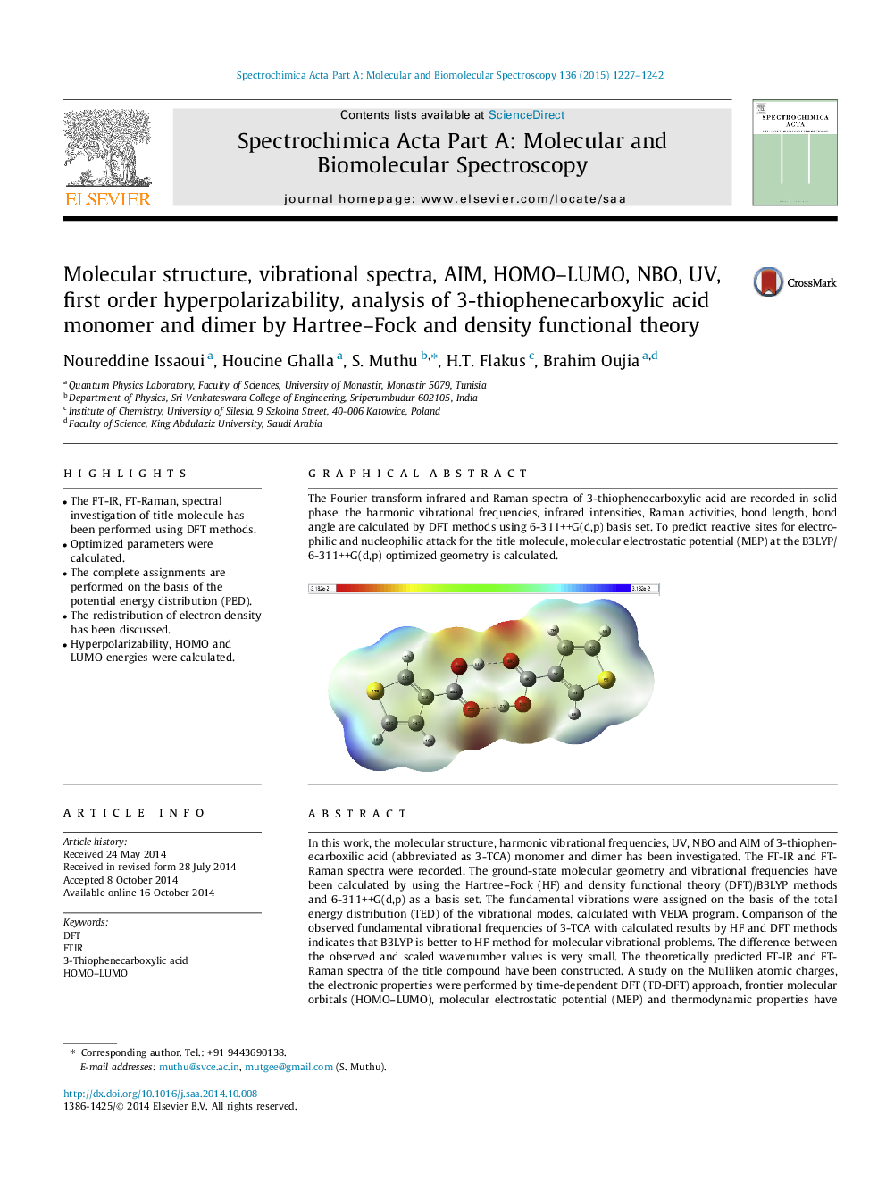 Molecular structure, vibrational spectra, AIM, HOMO–LUMO, NBO, UV, first order hyperpolarizability, analysis of 3-thiophenecarboxylic acid monomer and dimer by Hartree–Fock and density functional theory