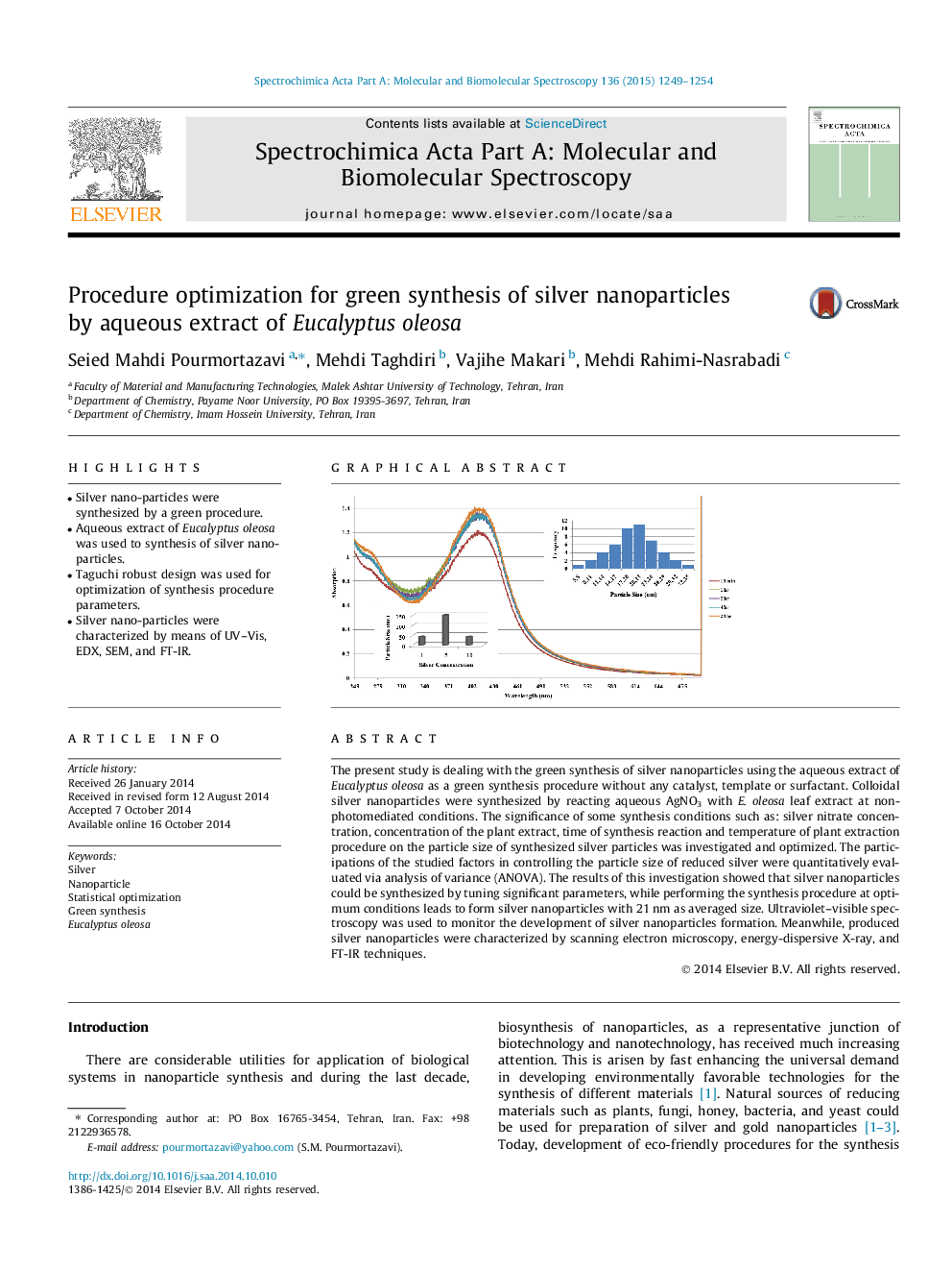 Procedure optimization for green synthesis of silver nanoparticles by aqueous extract of Eucalyptus oleosa