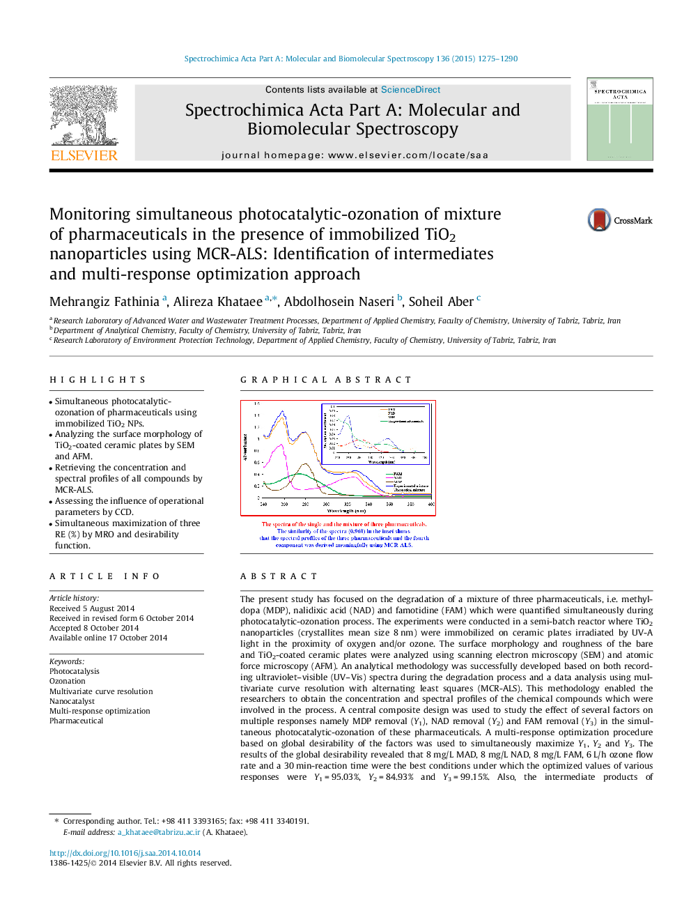 Monitoring simultaneous photocatalytic-ozonation of mixture of pharmaceuticals in the presence of immobilized TiO2 nanoparticles using MCR-ALS: Identification of intermediates and multi-response optimization approach