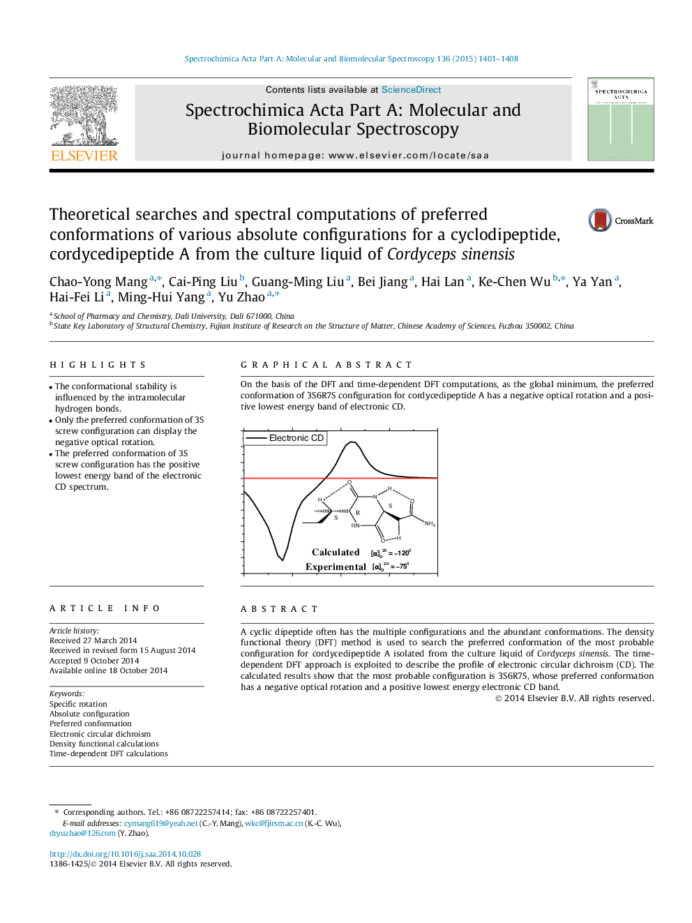 Theoretical searches and spectral computations of preferred conformations of various absolute configurations for a cyclodipeptide, cordycedipeptide A from the culture liquid of Cordyceps sinensis