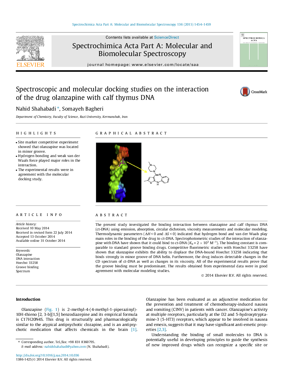 Spectroscopic and molecular docking studies on the interaction of the drug olanzapine with calf thymus DNA