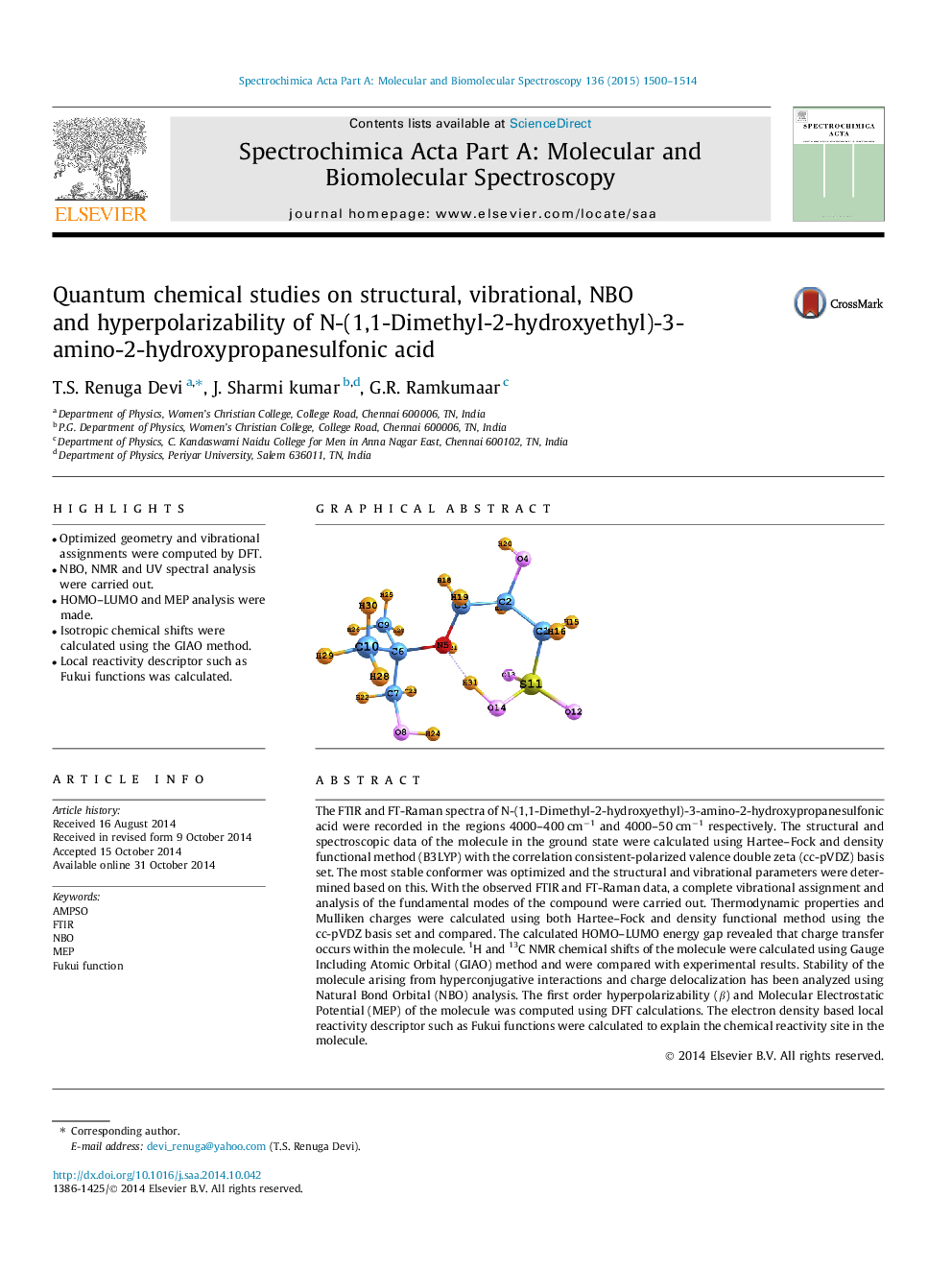 Quantum chemical studies on structural, vibrational, NBO and hyperpolarizability of N-(1,1-Dimethyl-2-hydroxyethyl)-3-amino-2-hydroxypropanesulfonic acid