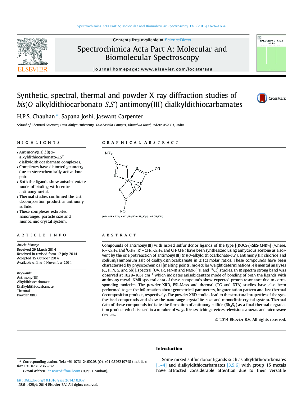 Synthetic, spectral, thermal and powder X-ray diffraction studies of bis(O-alkyldithiocarbonato-S,S′) antimony(III) dialkyldithiocarbamates