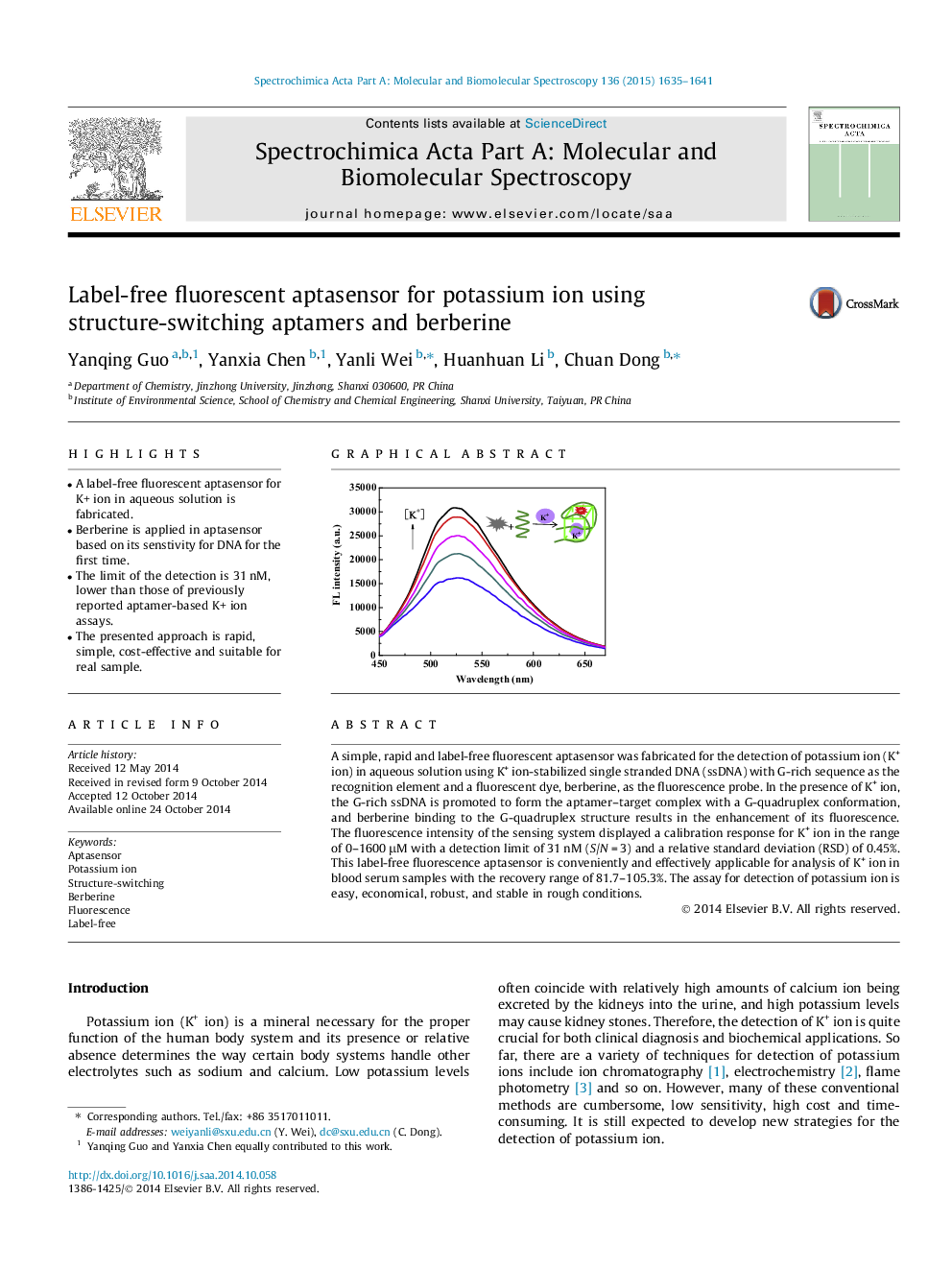 Label-free fluorescent aptasensor for potassium ion using structure-switching aptamers and berberine