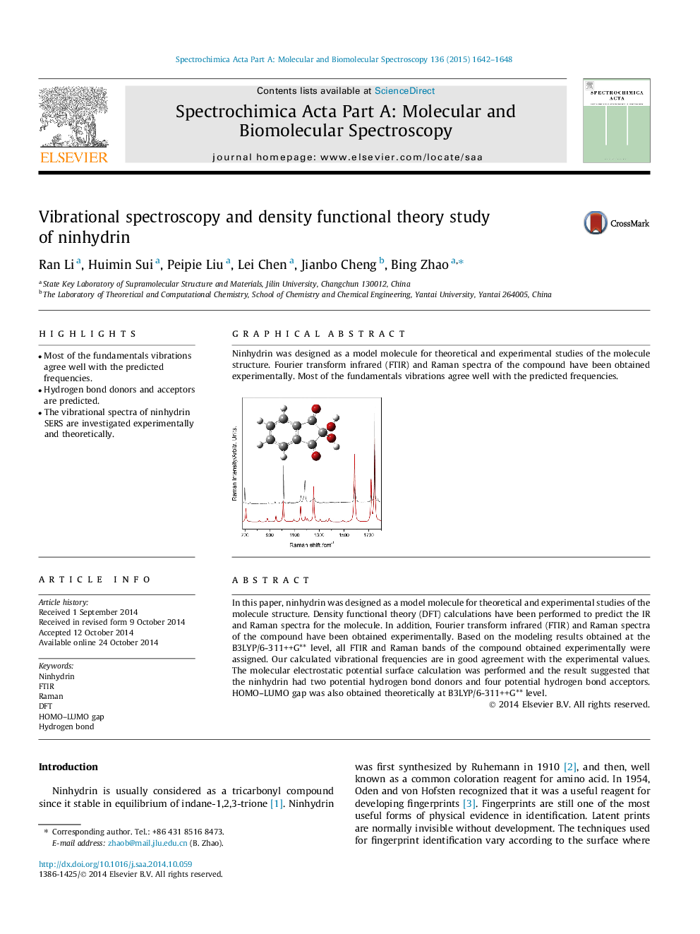 Vibrational spectroscopy and density functional theory study of ninhydrin