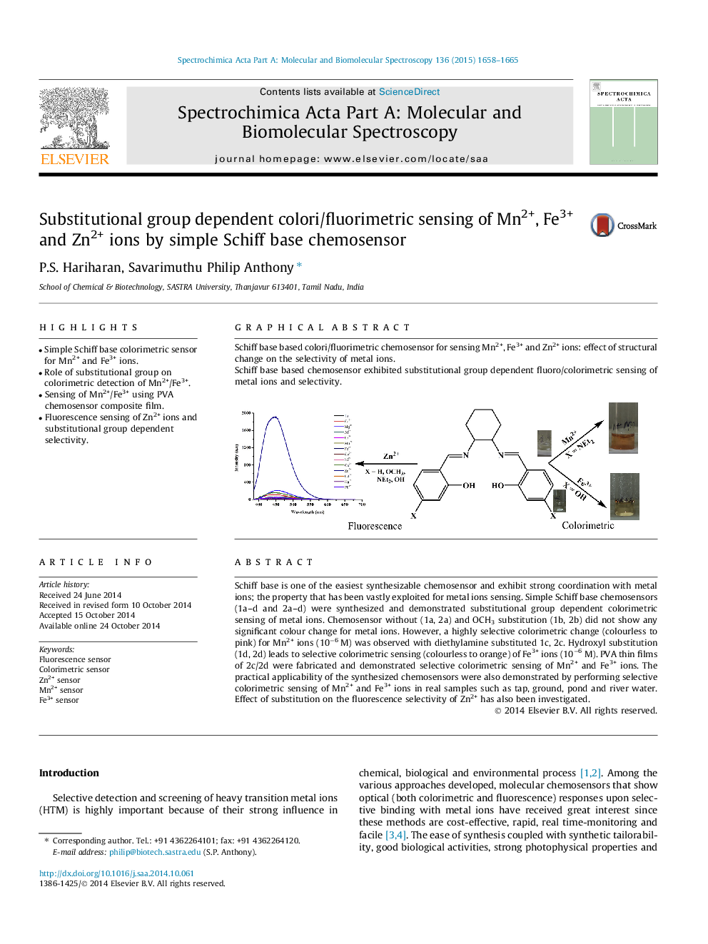 Substitutional group dependent colori/fluorimetric sensing of Mn2+, Fe3+ and Zn2+ ions by simple Schiff base chemosensor