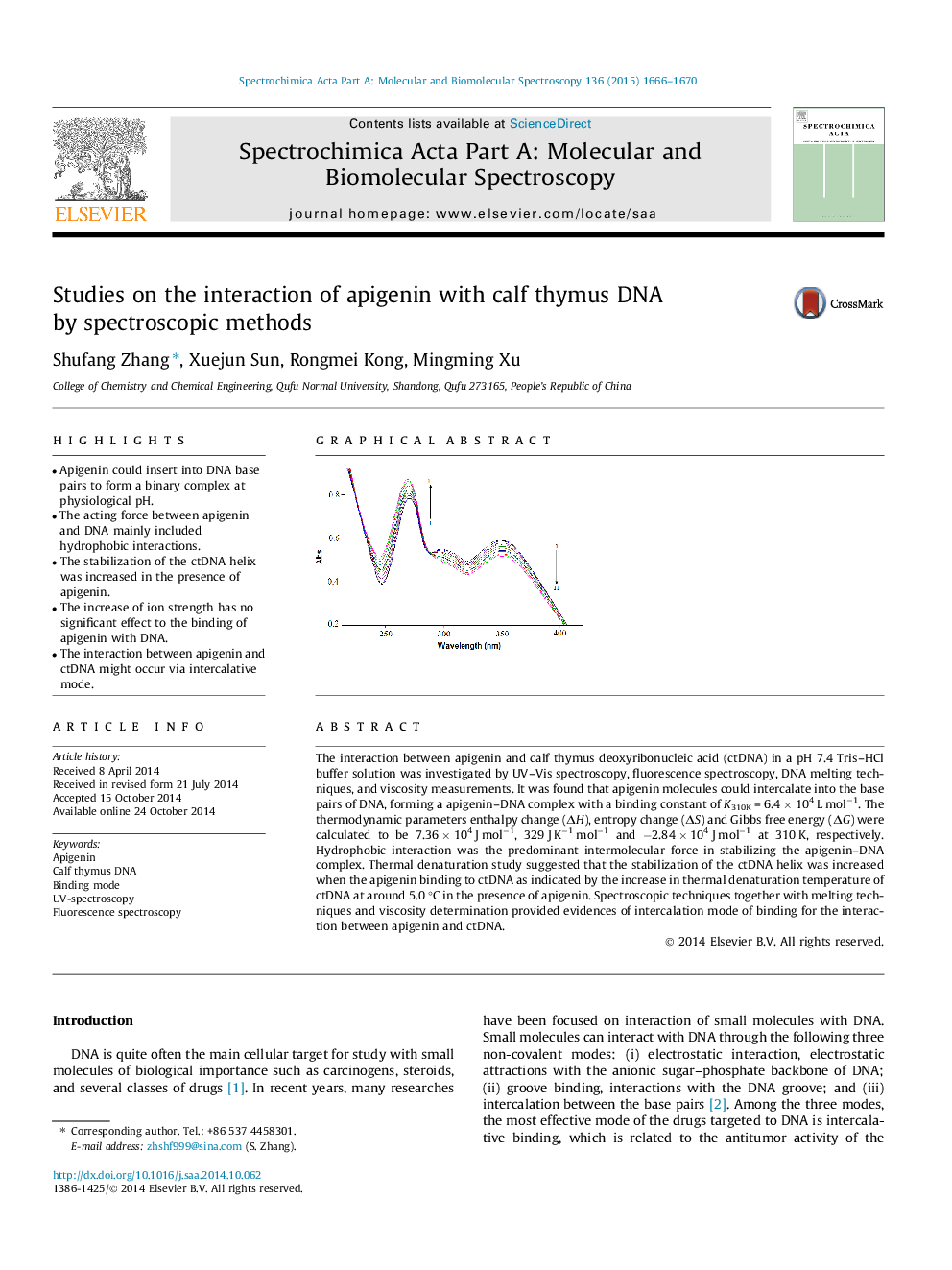 Studies on the interaction of apigenin with calf thymus DNA by spectroscopic methods