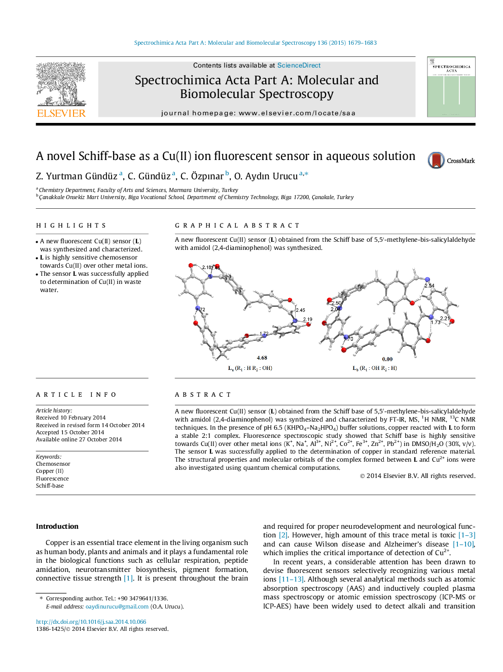 A novel Schiff-base as a Cu(II) ion fluorescent sensor in aqueous solution
