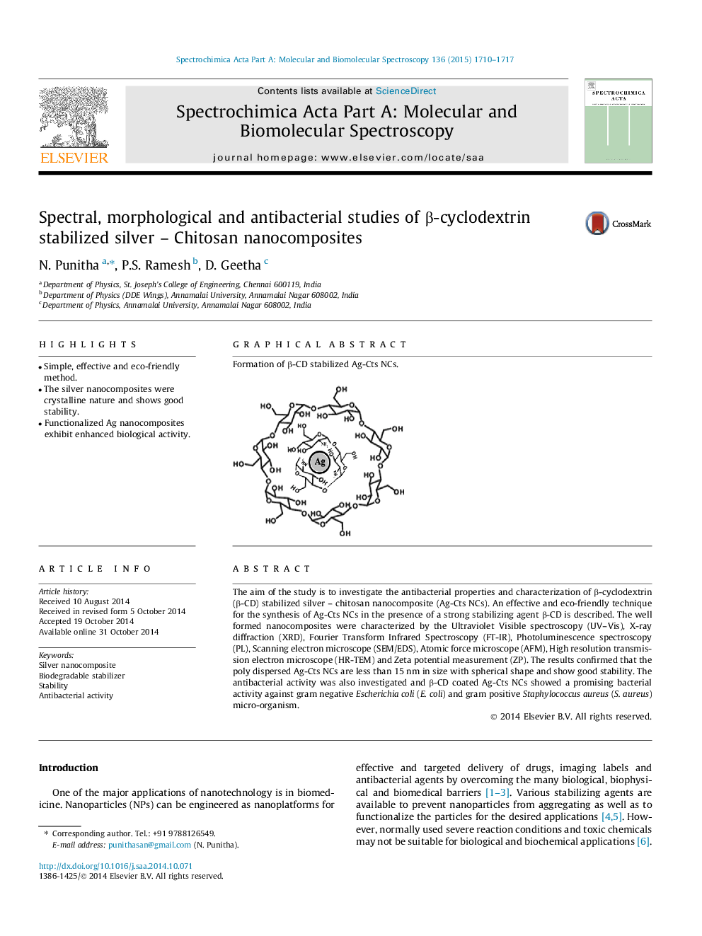 Spectral, morphological and antibacterial studies of β-cyclodextrin stabilized silver – Chitosan nanocomposites