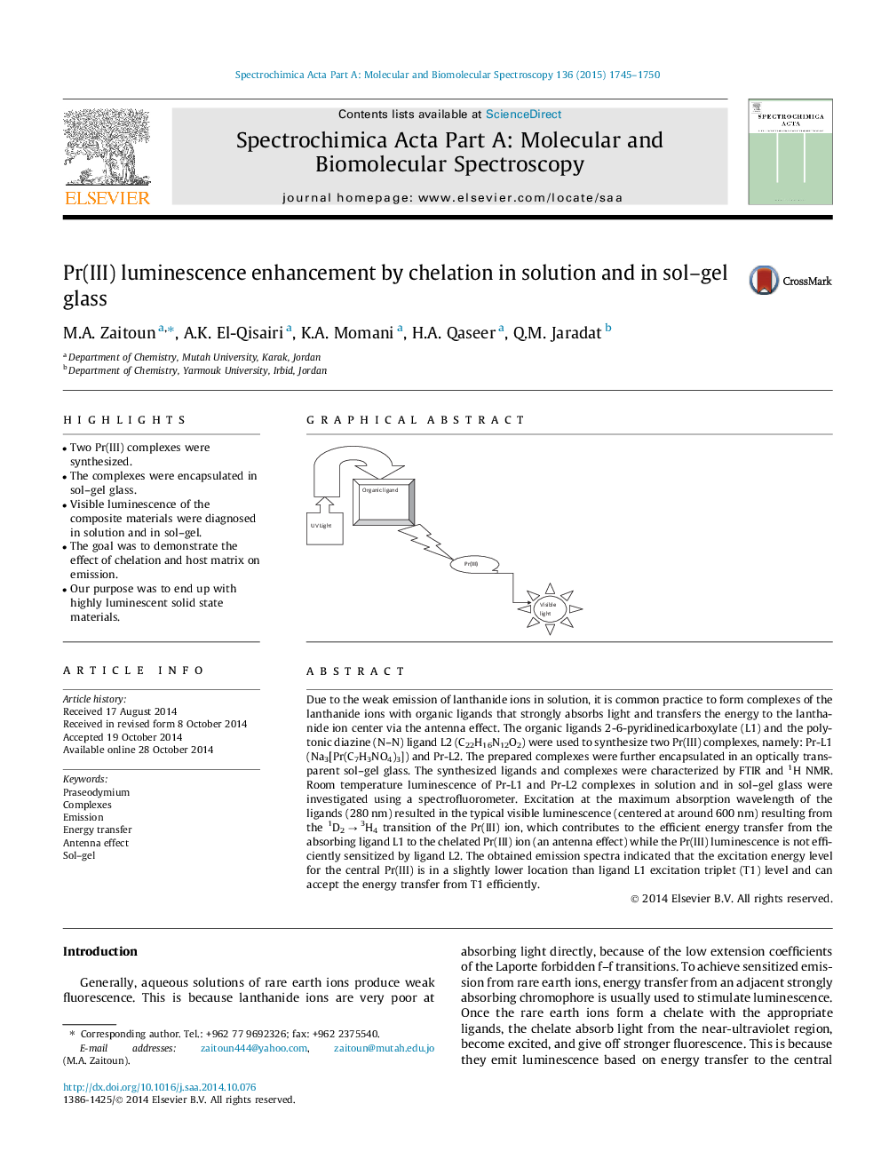 Pr(III) luminescence enhancement by chelation in solution and in sol–gel glass