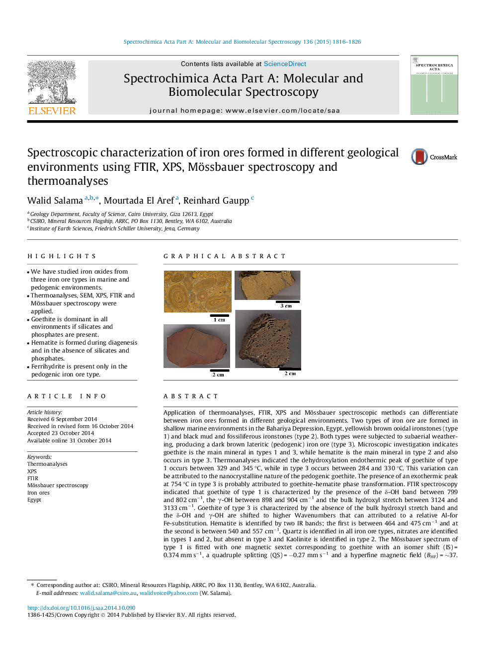 Spectroscopic characterization of iron ores formed in different geological environments using FTIR, XPS, Mössbauer spectroscopy and thermoanalyses