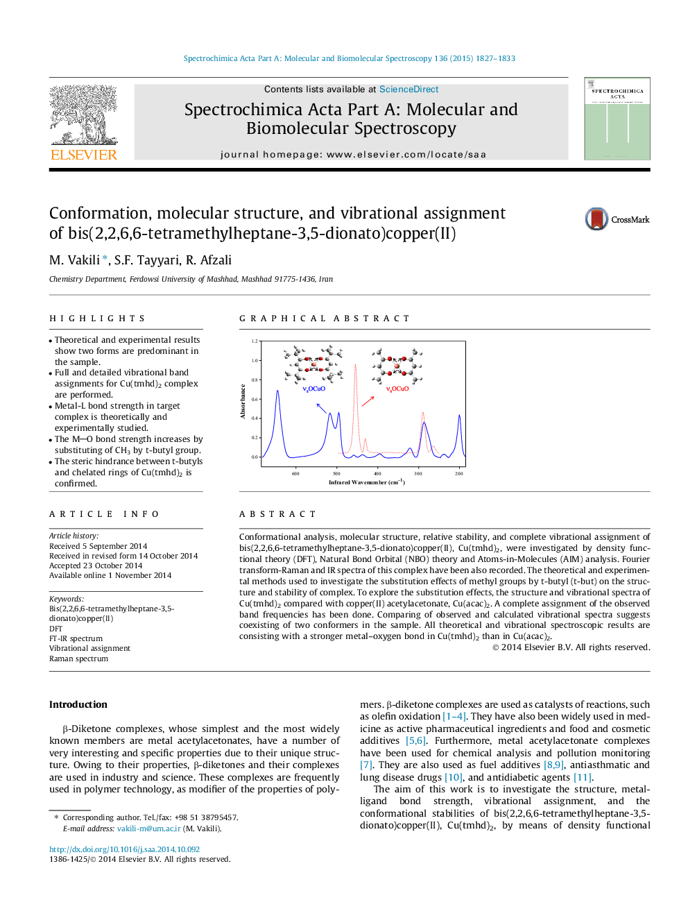 Conformation, molecular structure, and vibrational assignment of bis(2,2,6,6-tetramethylheptane-3,5-dionato)copper(II)