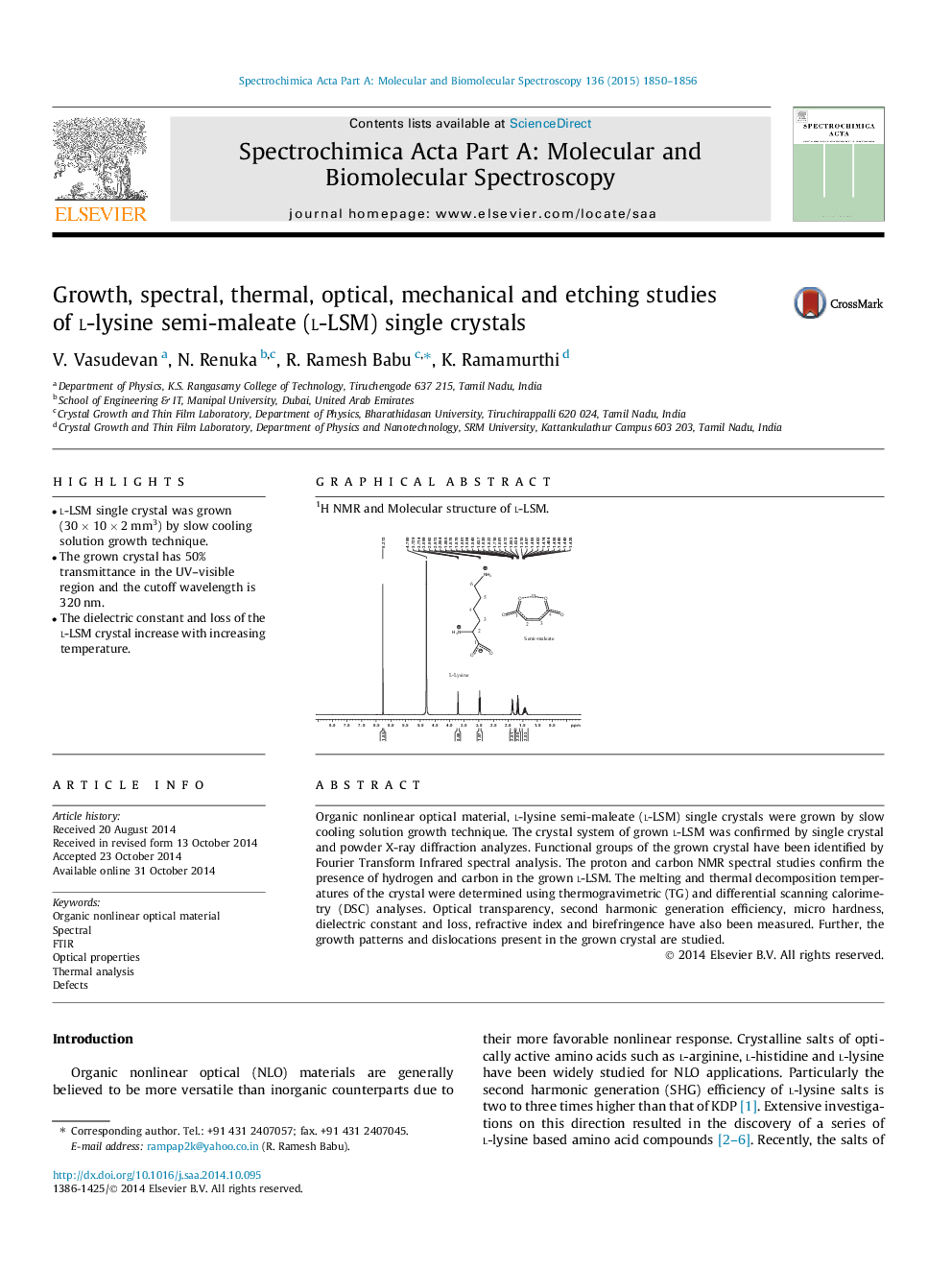 Growth, spectral, thermal, optical, mechanical and etching studies of l-lysine semi-maleate (l-LSM) single crystals