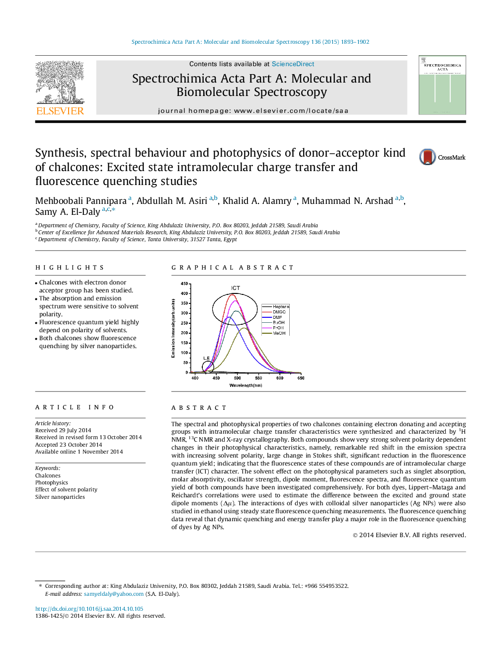 Synthesis, spectral behaviour and photophysics of donor–acceptor kind of chalcones: Excited state intramolecular charge transfer and fluorescence quenching studies