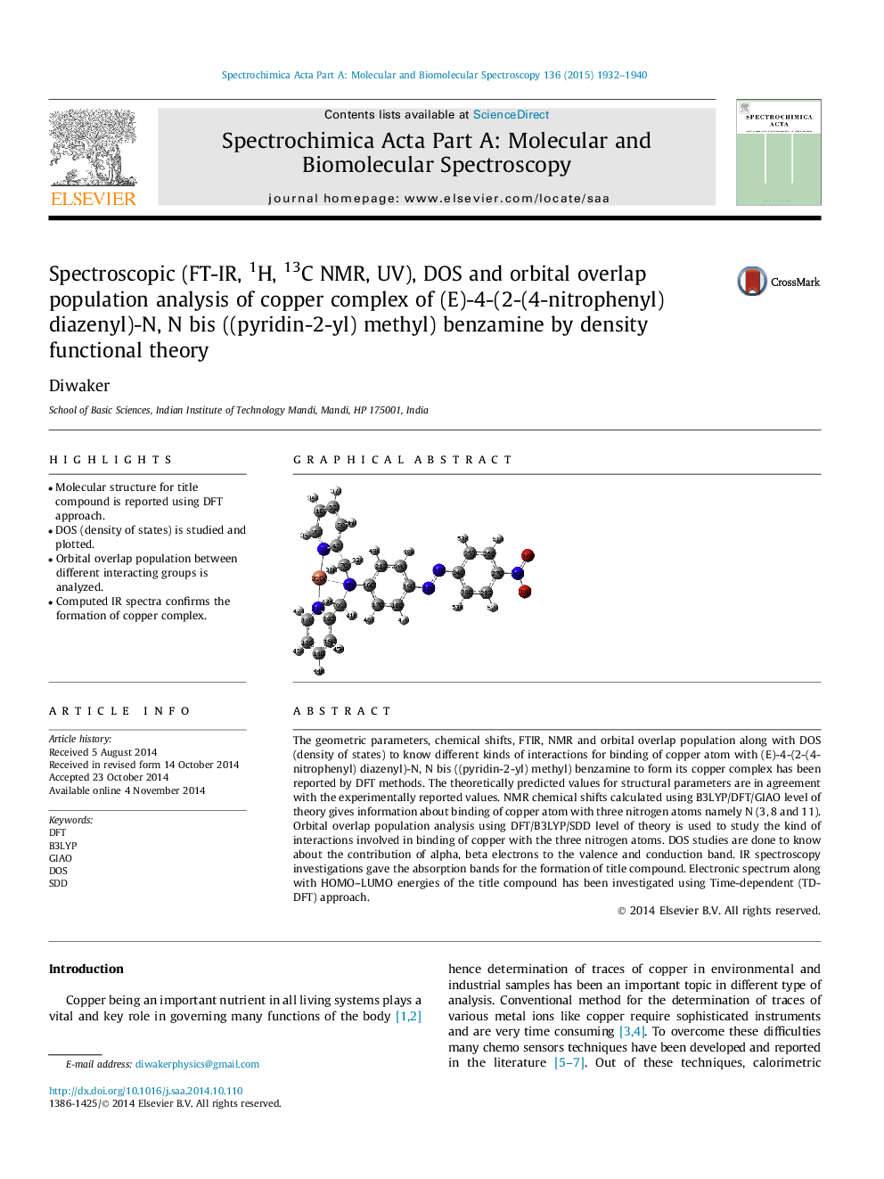 Spectroscopic (FT-IR, 1H, 13C NMR, UV), DOS and orbital overlap population analysis of copper complex of (E)-4-(2-(4-nitrophenyl) diazenyl)-N, N bis ((pyridin-2-yl) methyl) benzamine by density functional theory