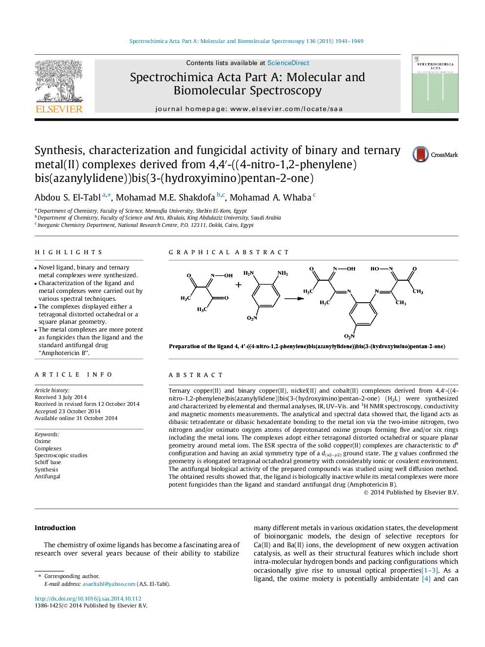 Synthesis, characterization and fungicidal activity of binary and ternary metal(II) complexes derived from 4,4′-((4-nitro-1,2-phenylene) bis(azanylylidene))bis(3-(hydroxyimino)pentan-2-one)