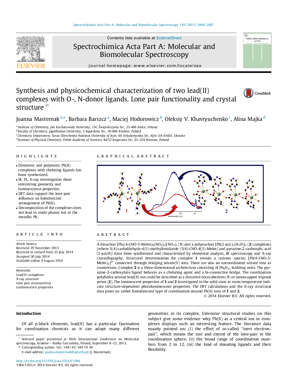 Synthesis and physicochemical characterization of two lead(II) complexes with O-, N-donor ligands. Lone pair functionality and crystal structure