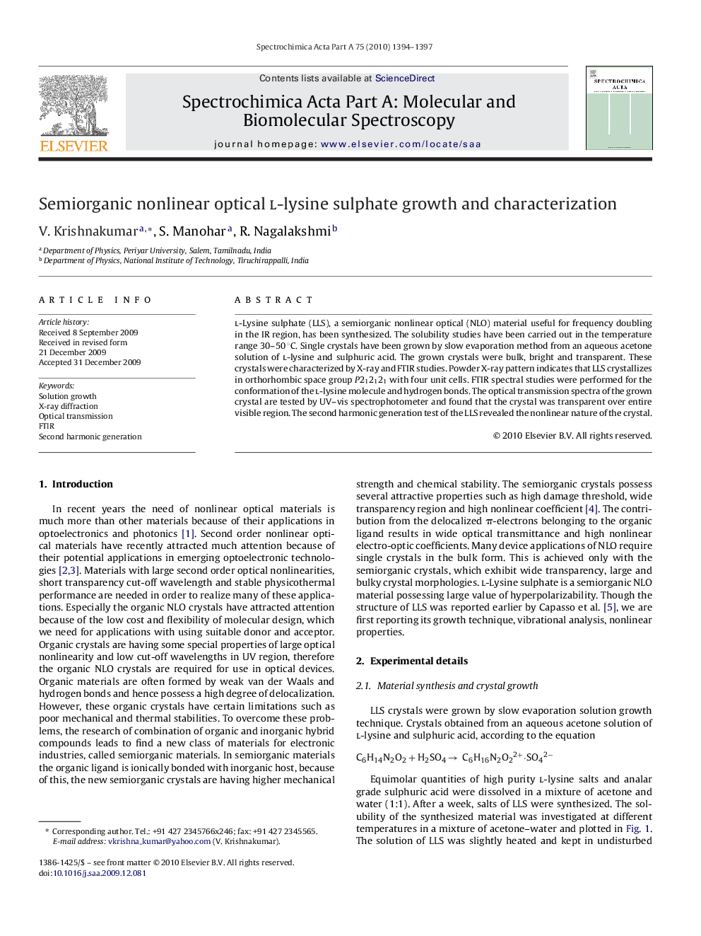 Semiorganic nonlinear optical l-lysine sulphate growth and characterization