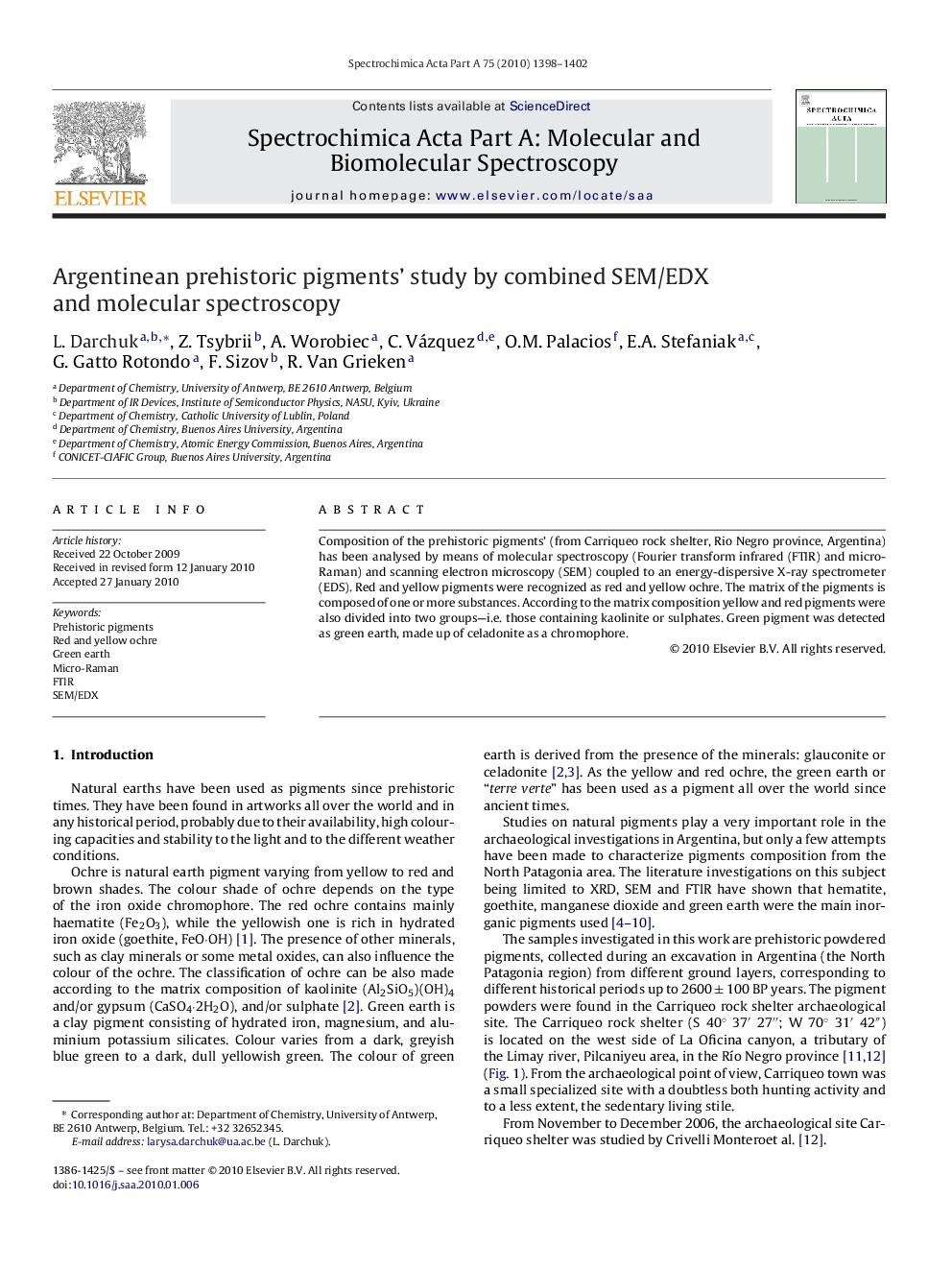 Argentinean prehistoric pigments’ study by combined SEM/EDX and molecular spectroscopy