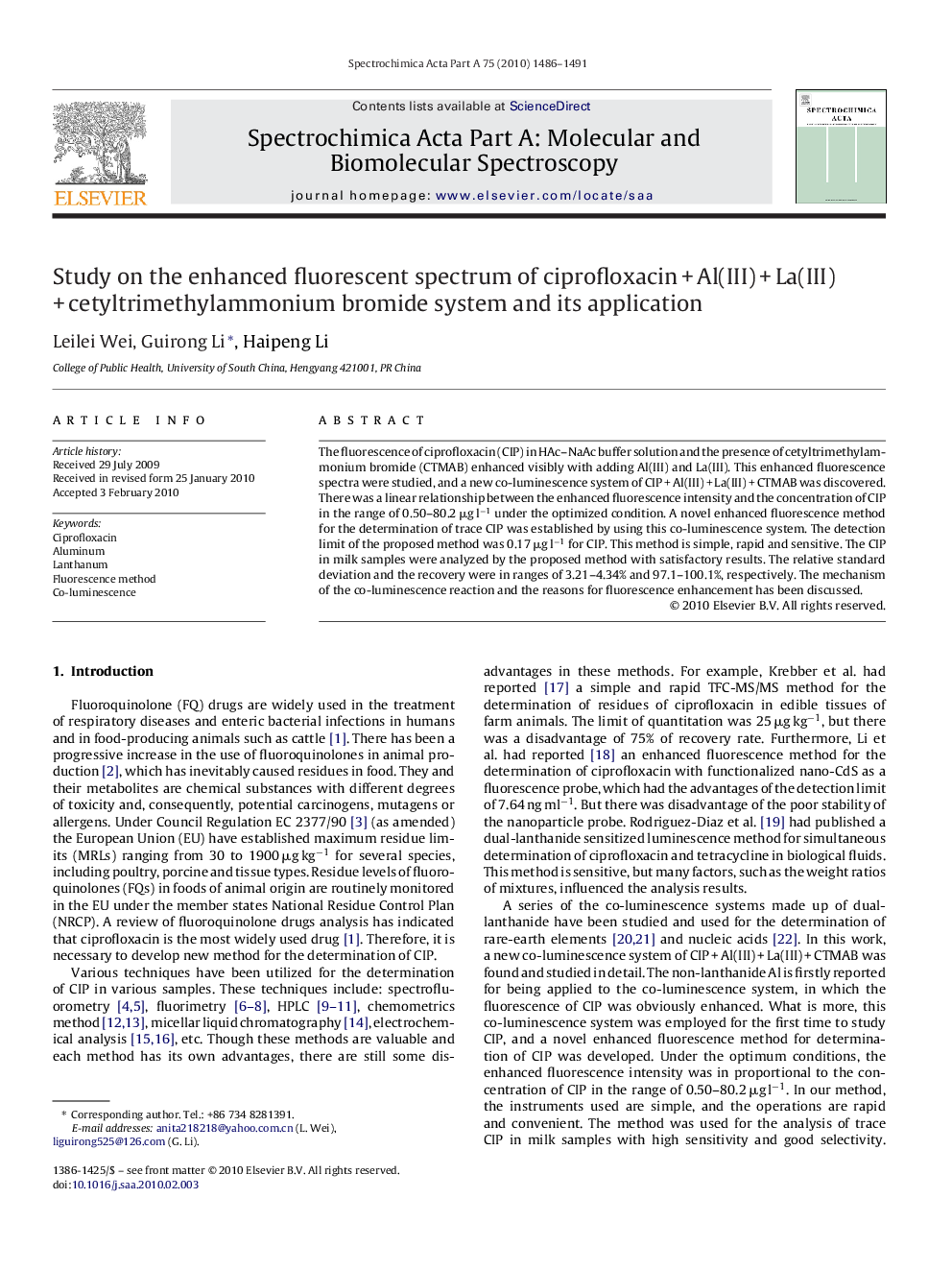 Study on the enhanced fluorescent spectrum of ciprofloxacin + Al(III) + La(III) + cetyltrimethylammonium bromide system and its application