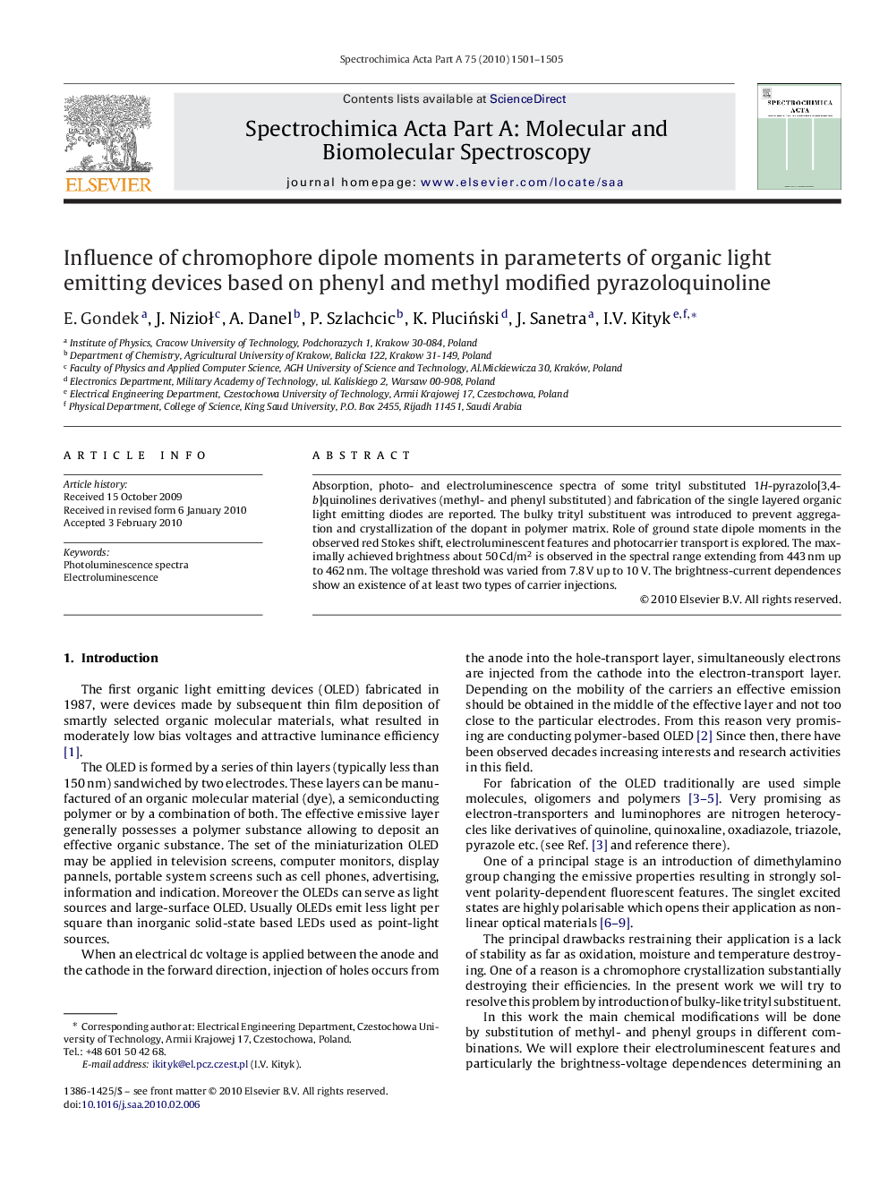 Influence of chromophore dipole moments in parameterts of organic light emitting devices based on phenyl and methyl modified pyrazoloquinoline