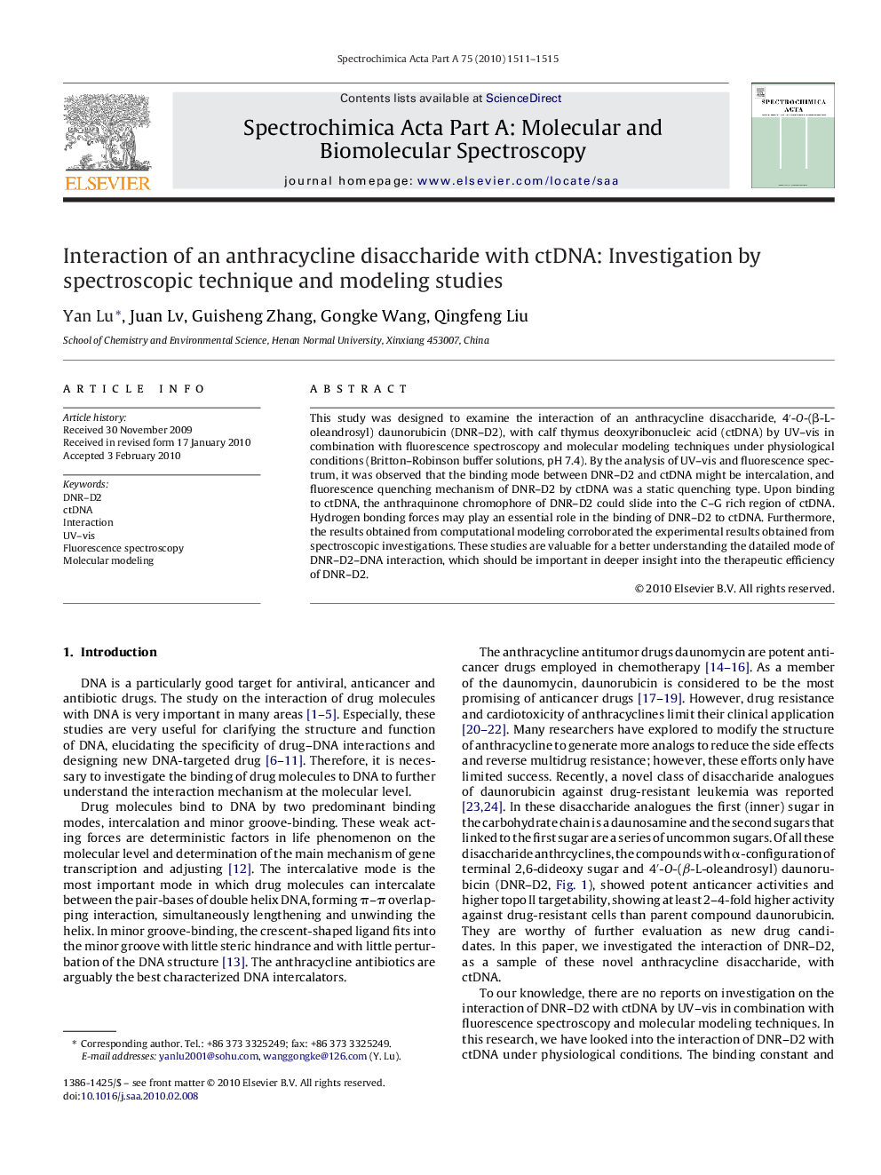 Interaction of an anthracycline disaccharide with ctDNA: Investigation by spectroscopic technique and modeling studies