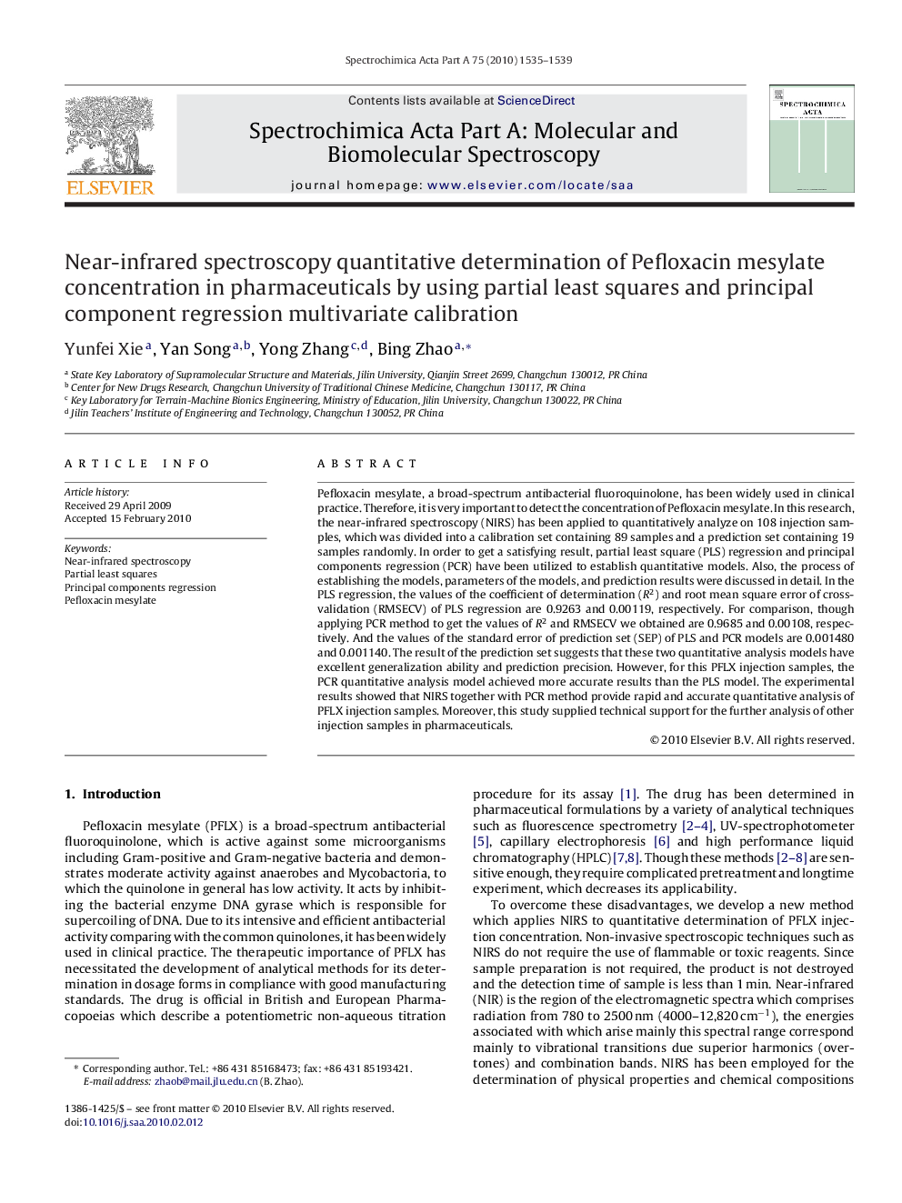 Near-infrared spectroscopy quantitative determination of Pefloxacin mesylate concentration in pharmaceuticals by using partial least squares and principal component regression multivariate calibration