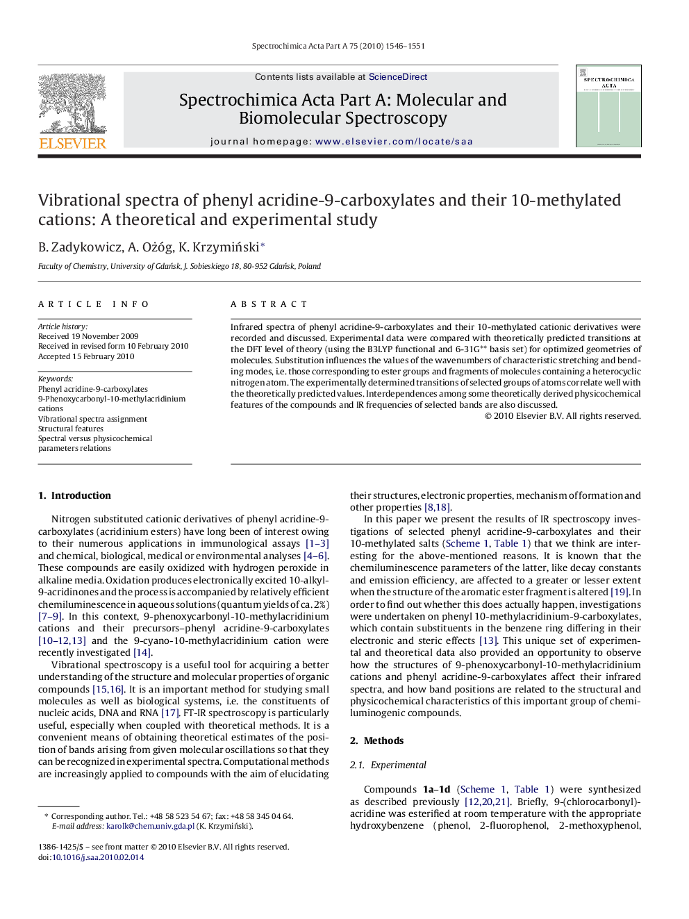 Vibrational spectra of phenyl acridine-9-carboxylates and their 10-methylated cations: A theoretical and experimental study